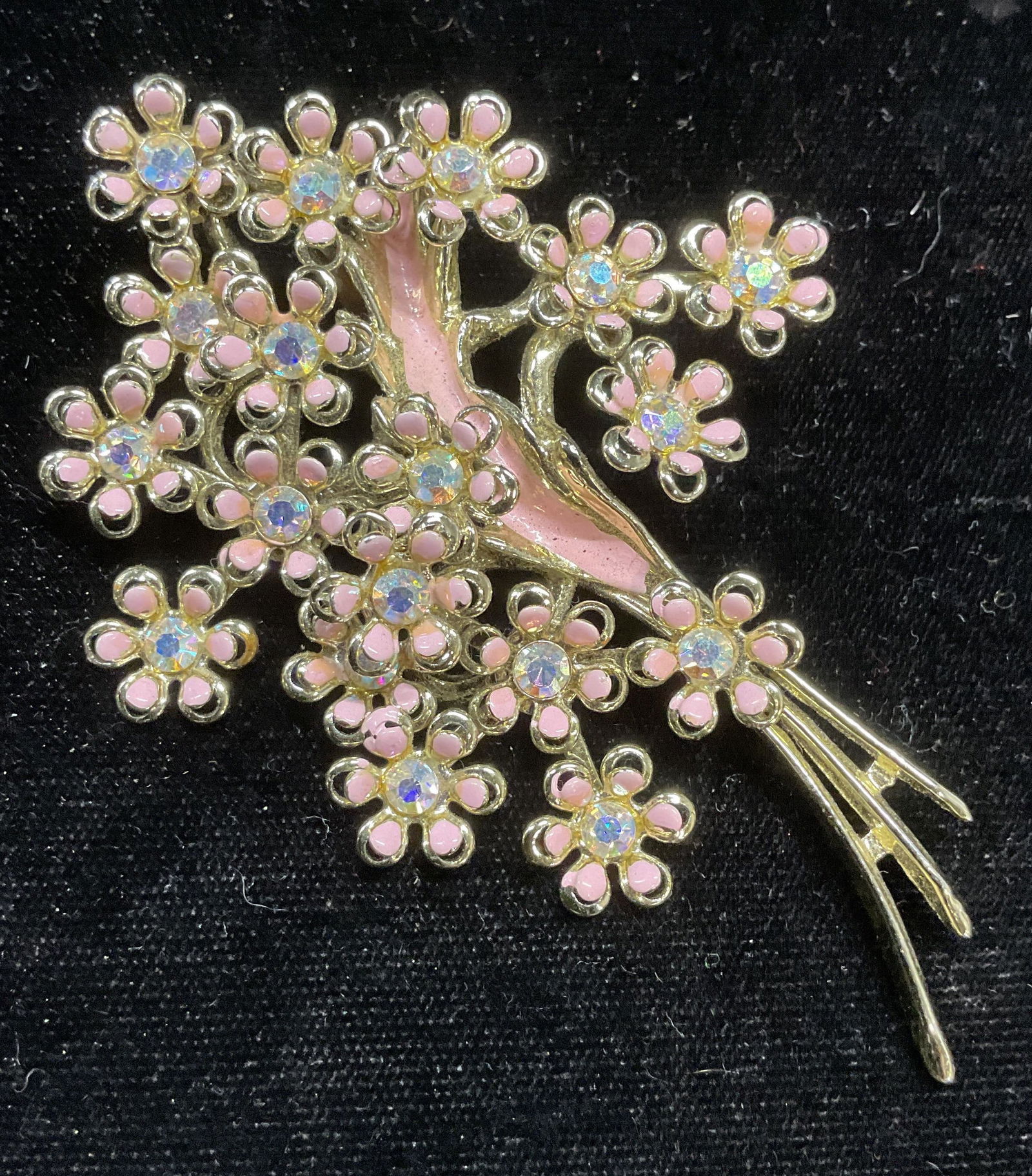 Vtg Gold Tn Pink Crystal Flower Brooch, 3.5 In (1 of 6)