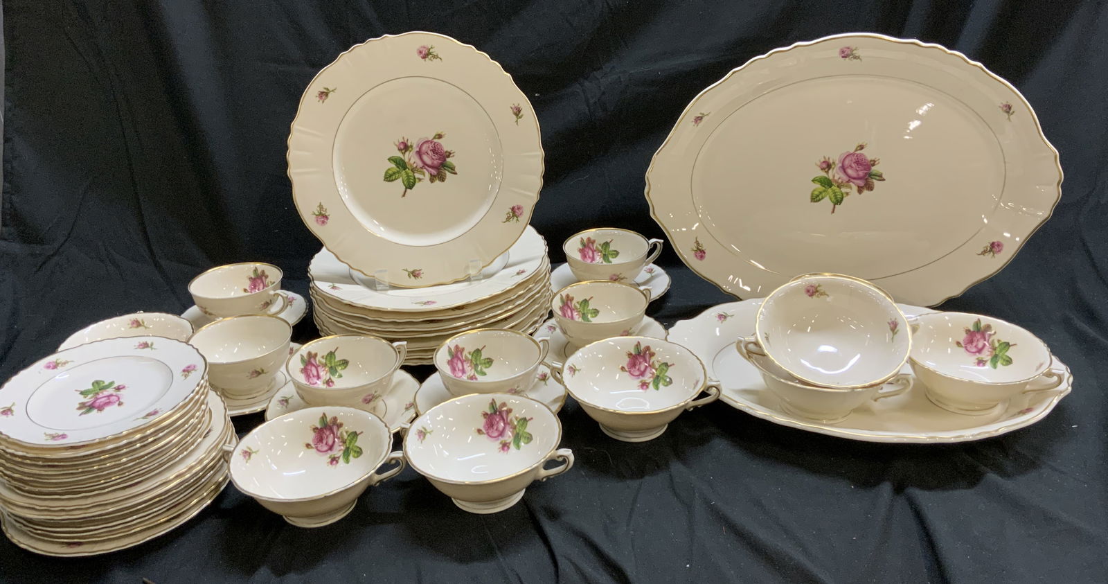 43 FEDERAL SHAPE Victoria Rose Syr China Tableware: 43 FEDERAL SHAPE Victoria Rose Syr China Tableware 2 platters, 6 saucer plates, 13 cups, 6 salad plates, 8 appetizer plates & 8 dinner plates. Pieces feature a Victoria rose pattern & gold trim. Plate