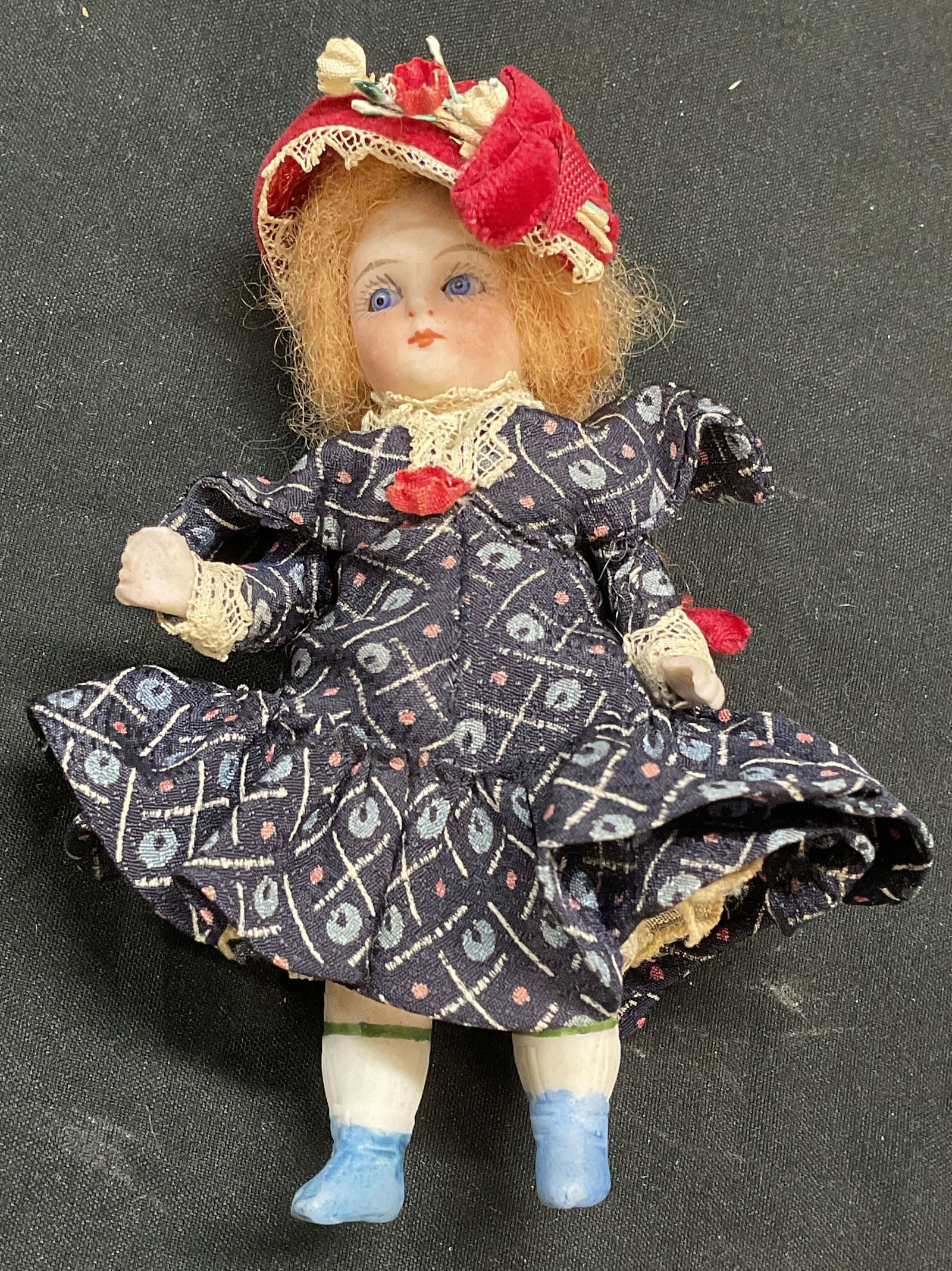Vintage Bisque Porcelain Articulated Doll: Vintage bisque porcelain articulated doll. Hand painted. Measures approx 4 inches long. Some wear consistent with age and exposure. Bisque doll, porcelain doll, vintage doll, articulated doll, collect