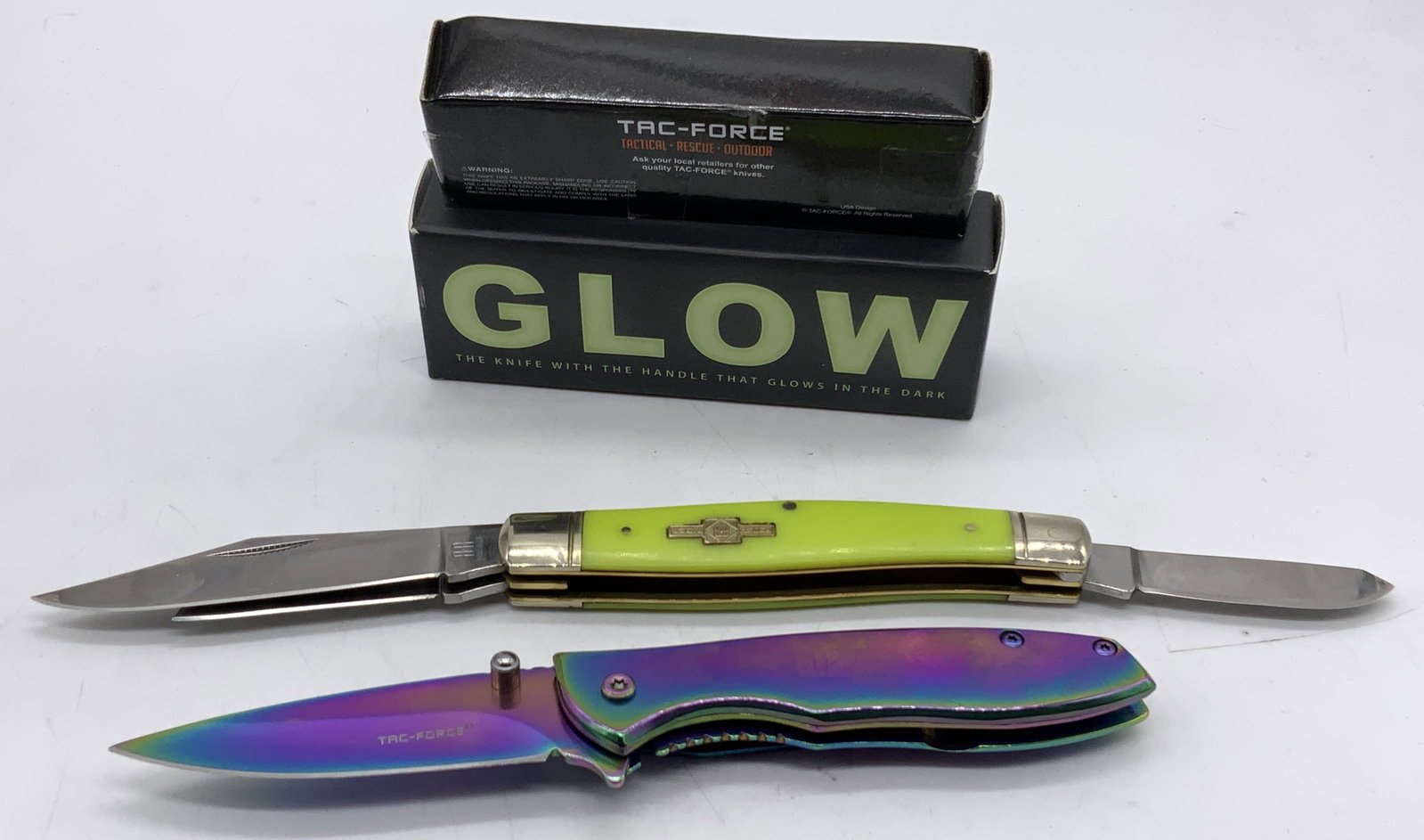 Lot 2+ Tac-Force & Rougher Rider Stainless Knifes: Lot 2+ Tac-Force & Rougher Rider Stainless Knifes Lot includes 2 pocket knives that appear to be stainless steel. One knife reads TAC-FORCE & has a rainbow spectrum color. Second knife reads ROUGHER R