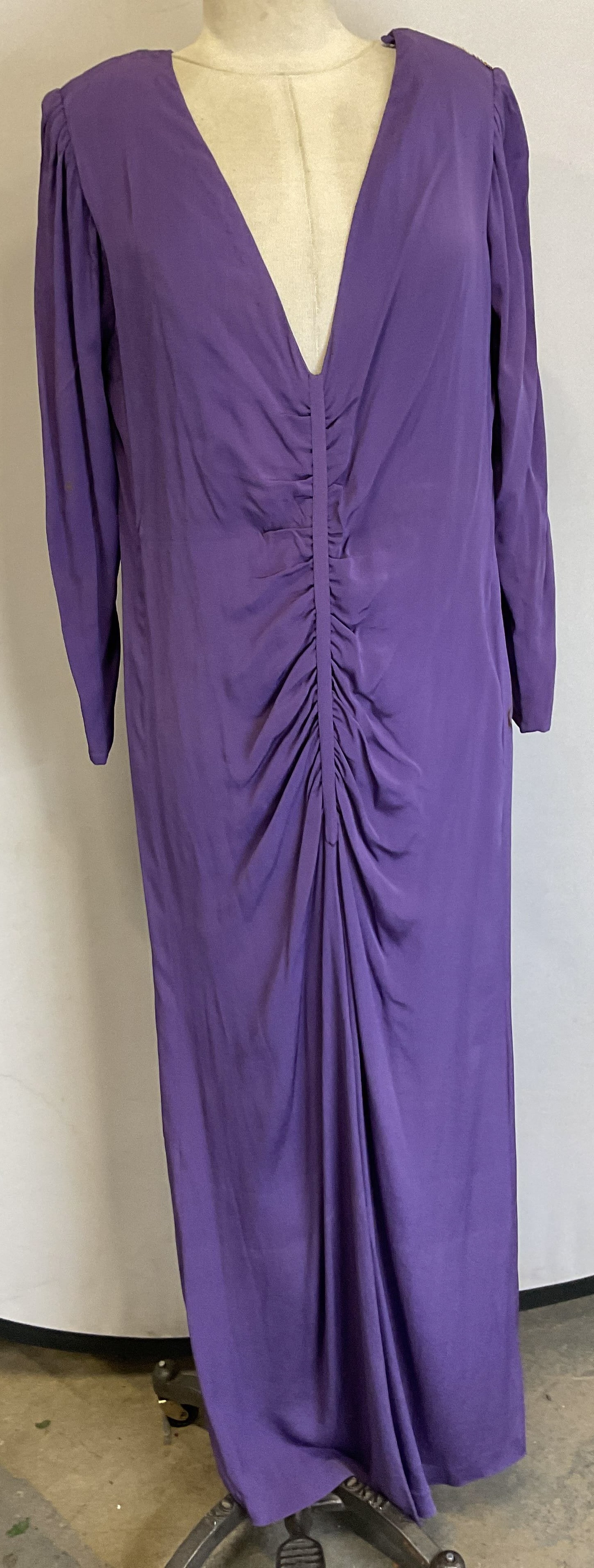 Vtg Purple Hand Painted Dragon Sheer Dress: Vintage purple and painted dragon sheer polyester dress. Deep v neck long sleeve dress. Material tag not attached, appears to be polyester of synthetic mix. Hand painted dragon design on backside. Pad