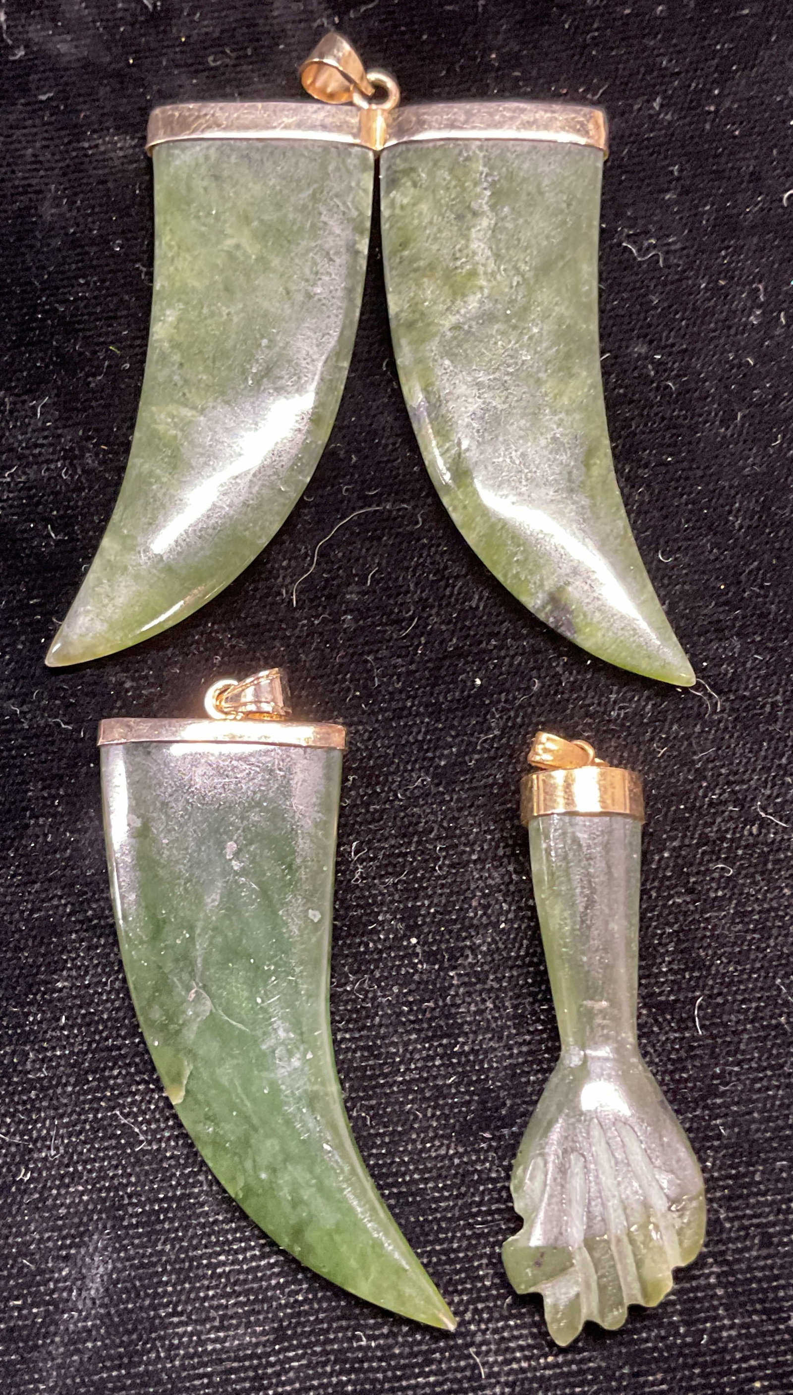 Lot 3 Nephrite Jade Talon & Hand Pendants: Lot of 3 nephrite jade pendants. Hand, talon, and double talon. Largest approx 2 x 2 inches. Some scratching. Jewelry, estate jewelry, costume jewelry, fashion jewelry, cocktail jewelry, accessories, 