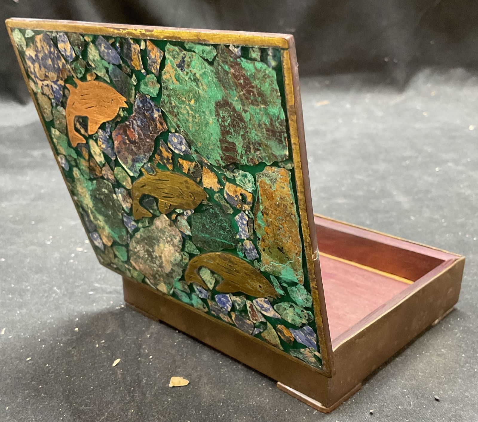 Vintage Brass Inlaid Stone Fish Trinket Box (1 of 6)