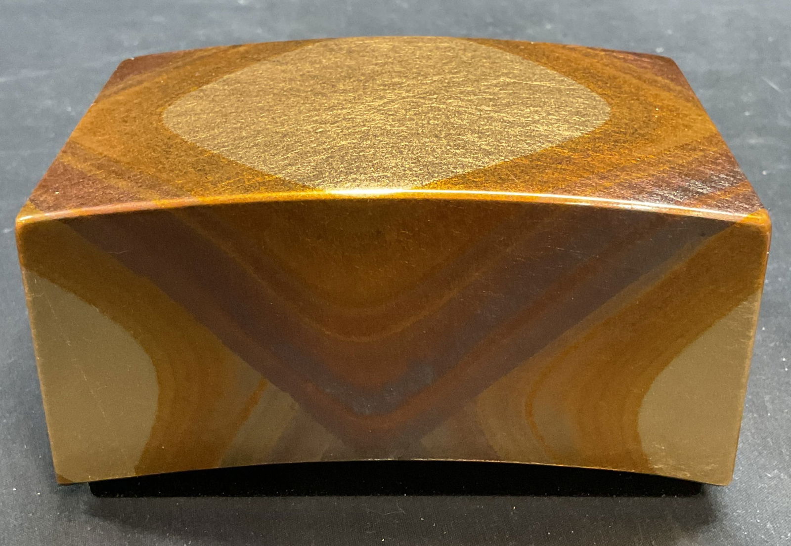 Lacquered gold Leafed Geometric Jewelry Box: Lacquered composite trinket or jewelry box with gold leaf. Geometric design. Measures approx 5 x 3.25 x 2.5 inches. Some scratching. Lacquered trinket box, lacquered jewelry box, home decor, home acce