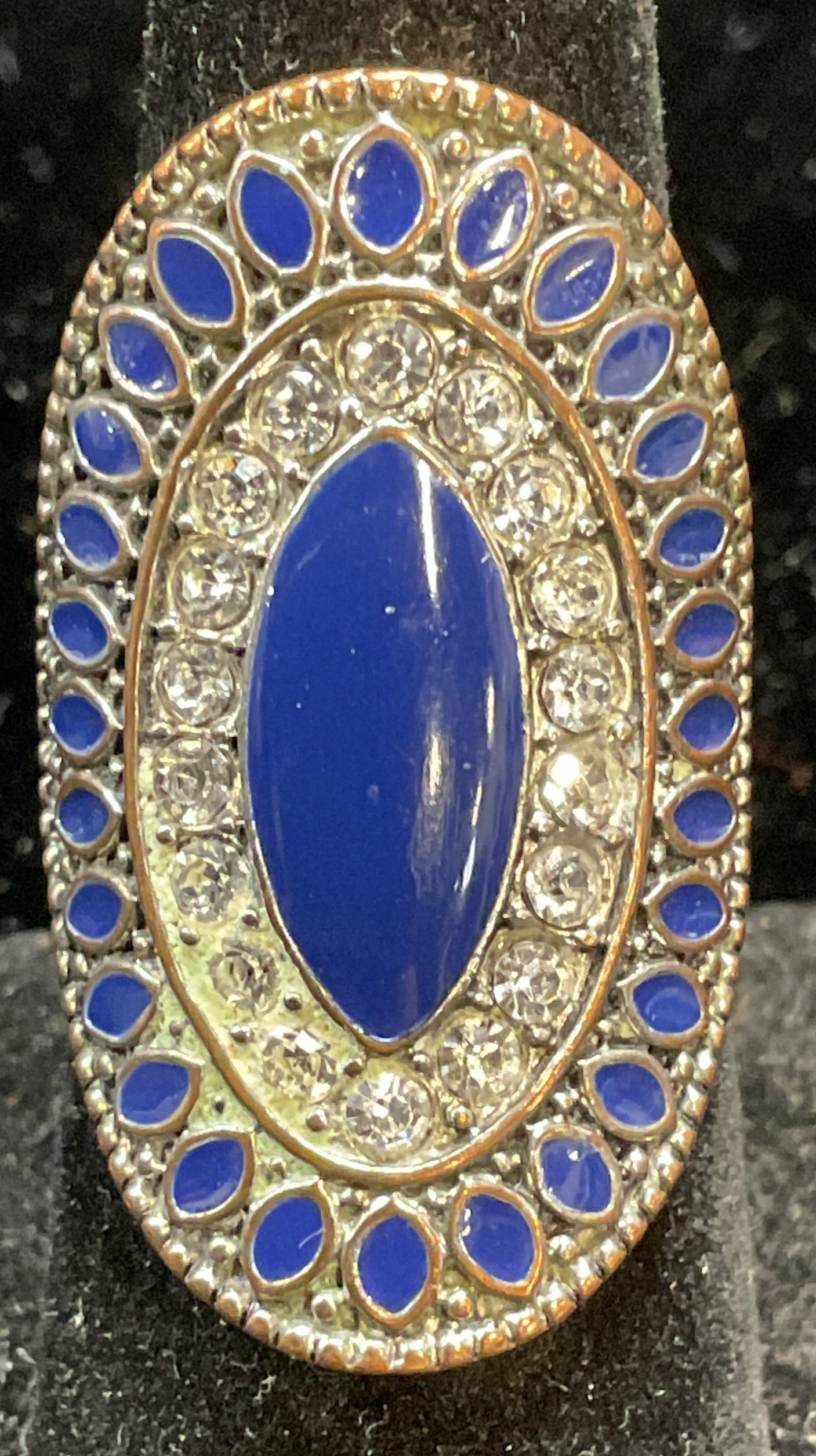 Blue Enamel & Crystal Cocktail Ring: Copper cocktail ring with blue enamel and colorless crystals. Ring size 7. Setting approx 1.25 inches long. Some scratching and residue. Jewelry, estate jewelry, costume jewelry, cocktail jewelry, fas