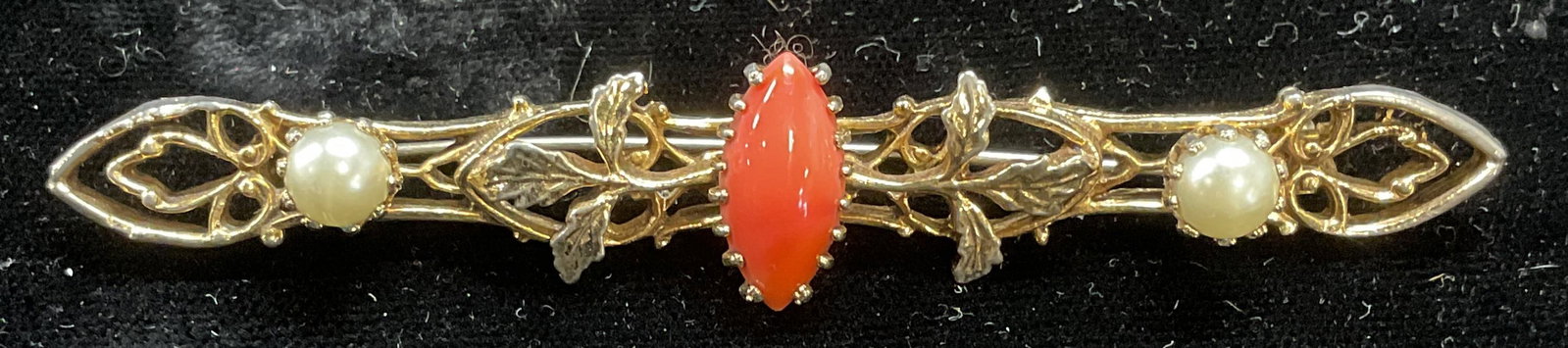 Vintage Gold Tone Faux Pearl & Coral Brooch: Vintage gold tone bar brooch with faux pearls and faux coral cabochon. Measures approx 3.25 x .5 inches. Some scratching. Jewelry, estate jewelry, costume jewelry, cocktail jewelry, fashion jewelry, a