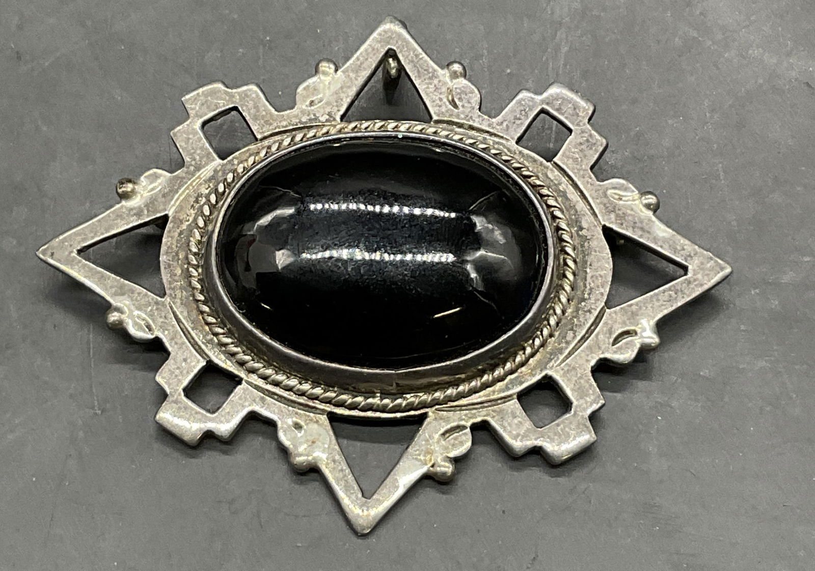 Vntg Sterling Silver Onyx Cabochon Brooch, Mexico (1 of 7)