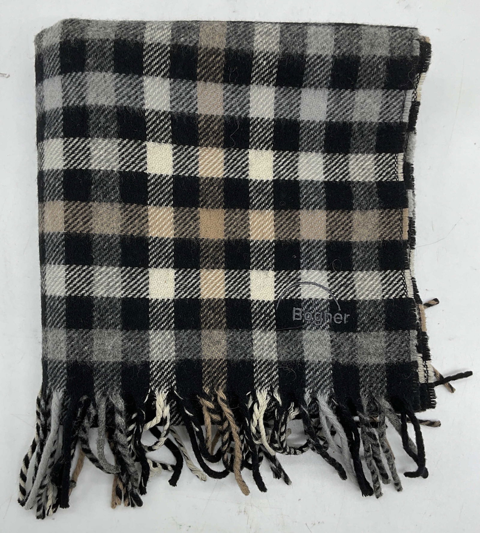 Vtg Bogner Black Plaid Lambswool Scarf, Germany (1 of 6)
