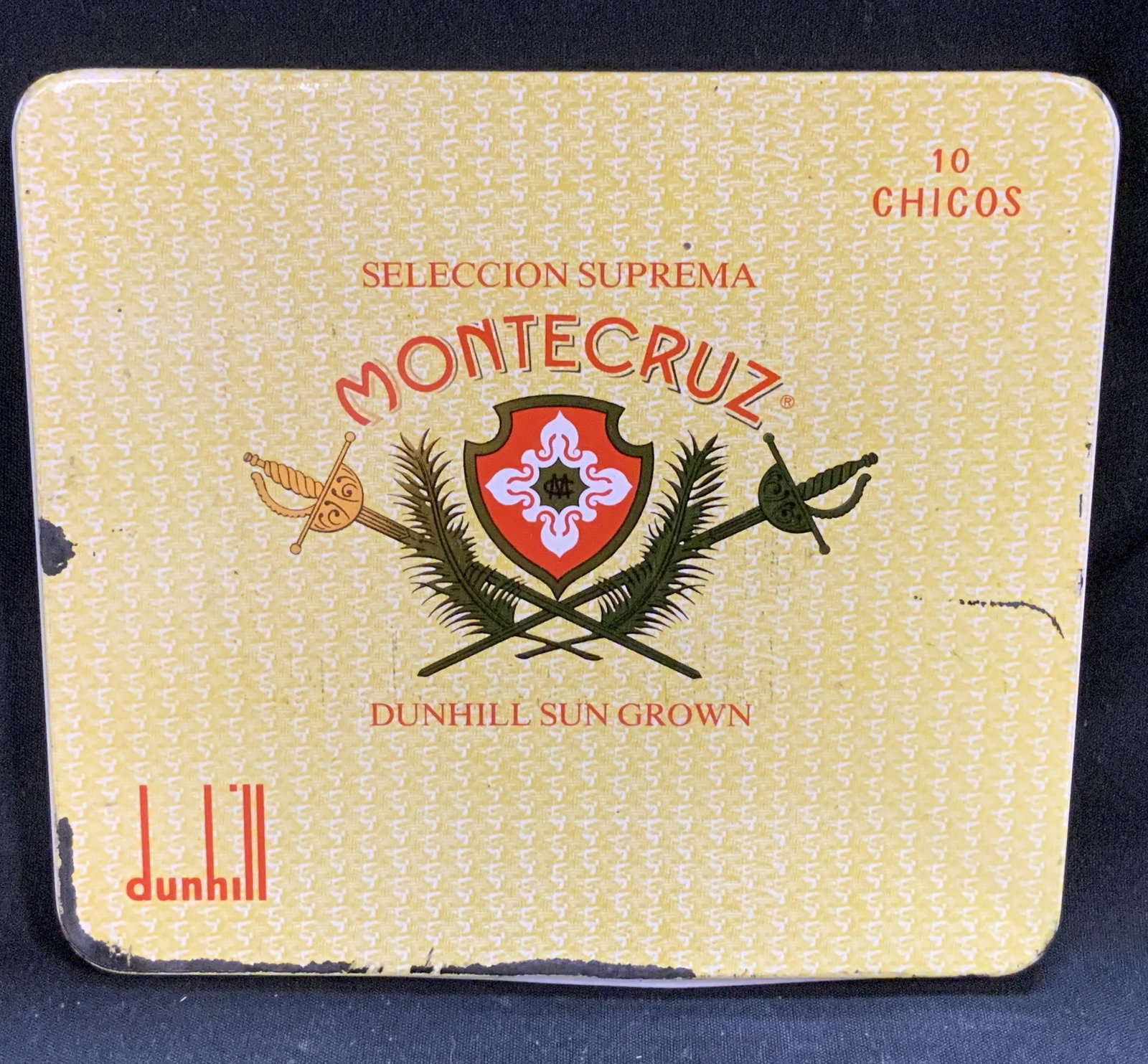 Vntg Dunhill Montecruz Cigar Tin & Magnetic Poetry: Lot includes, vintage Seleccion Suprema Dunhill Montecruz cigar tin & inside contains a Magnetic Poetry kit. It consists of a collection of words printed on small magnets that can be arranged. Surface