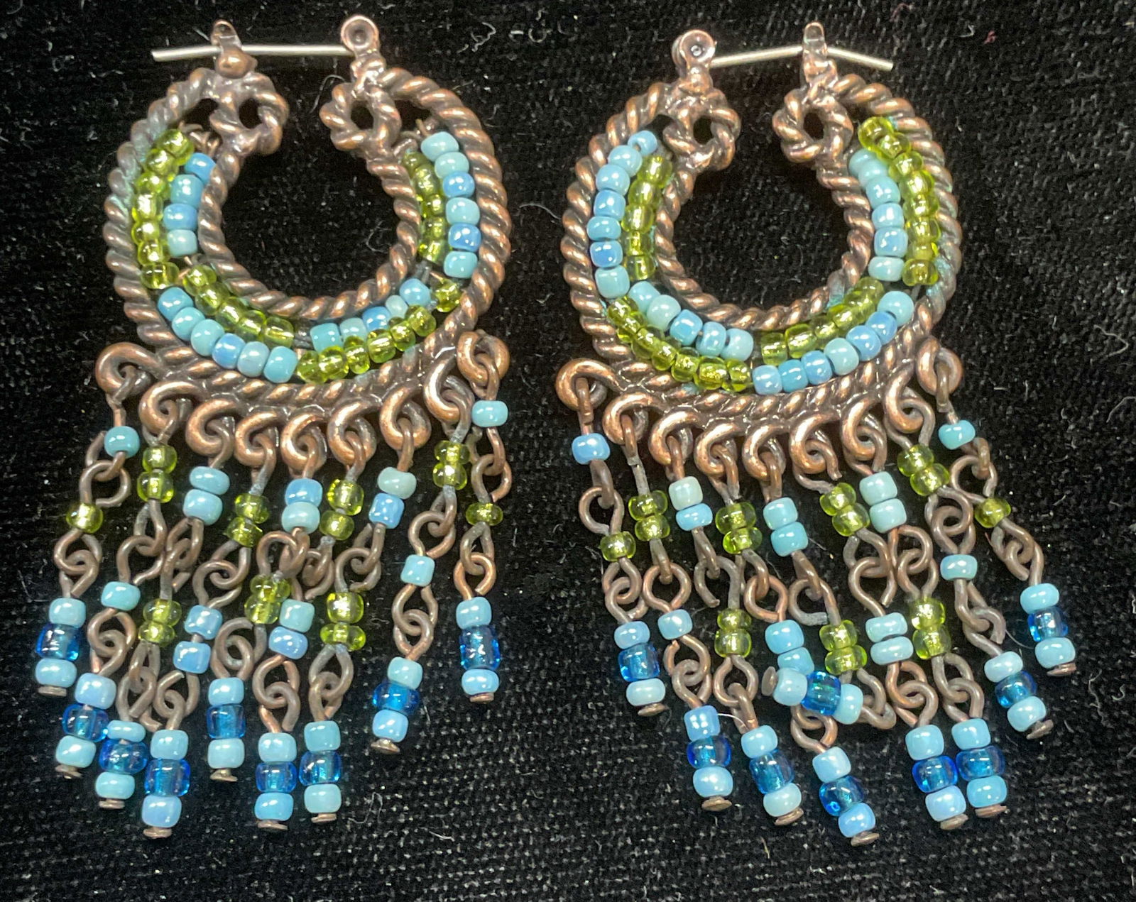 Vtg Copper Blue & Green Beaded Earrings (1 of 6)