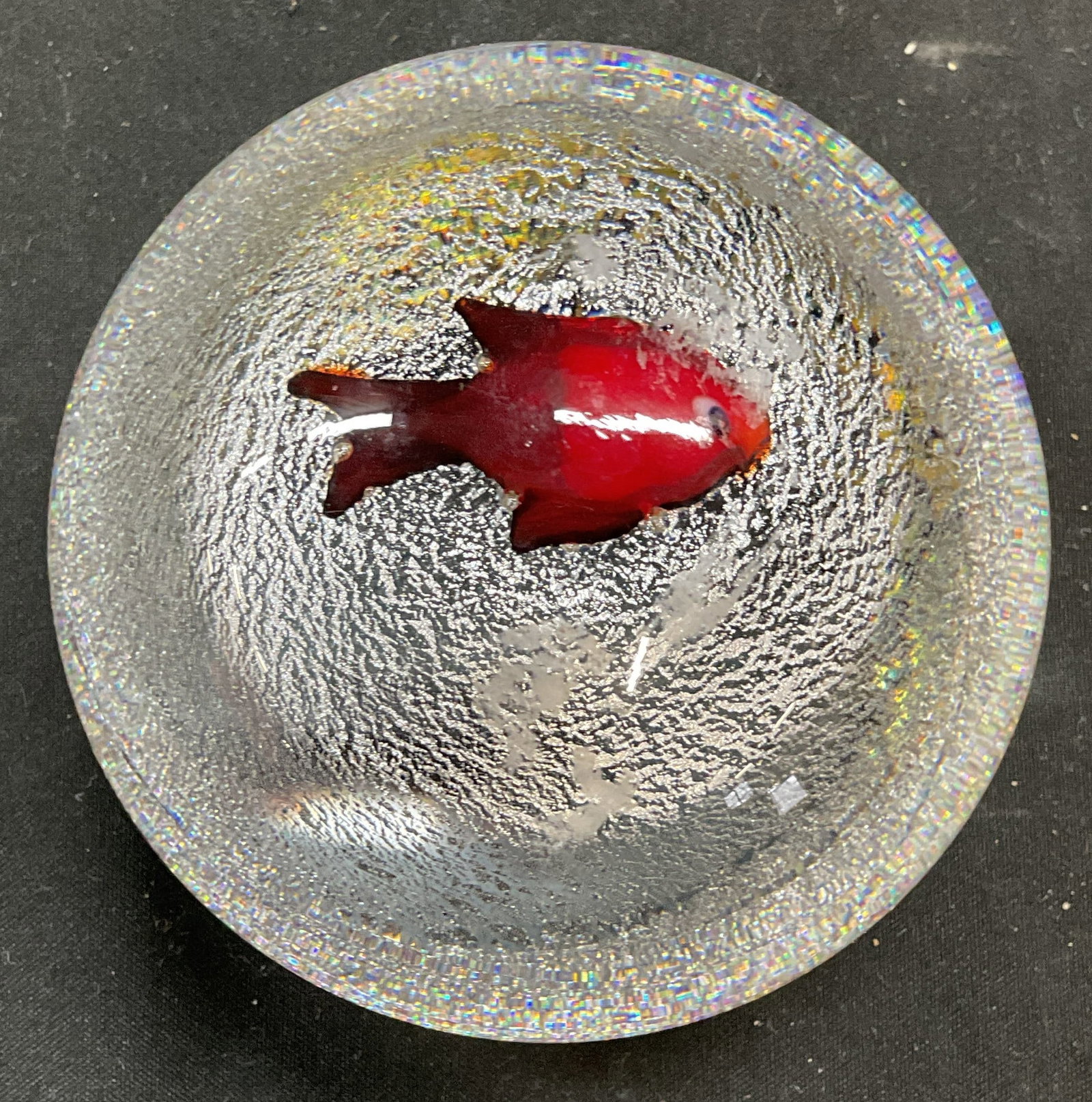 Art Glass Silver Leaf Fish Paperweight: Hand blown art glass paperweight with cased fish design and silver leaf swirl. Measures approx 3 x 2.5 inches. Some scratching and chip on side. Art glass paperweight, fish paperweight, collectibles,