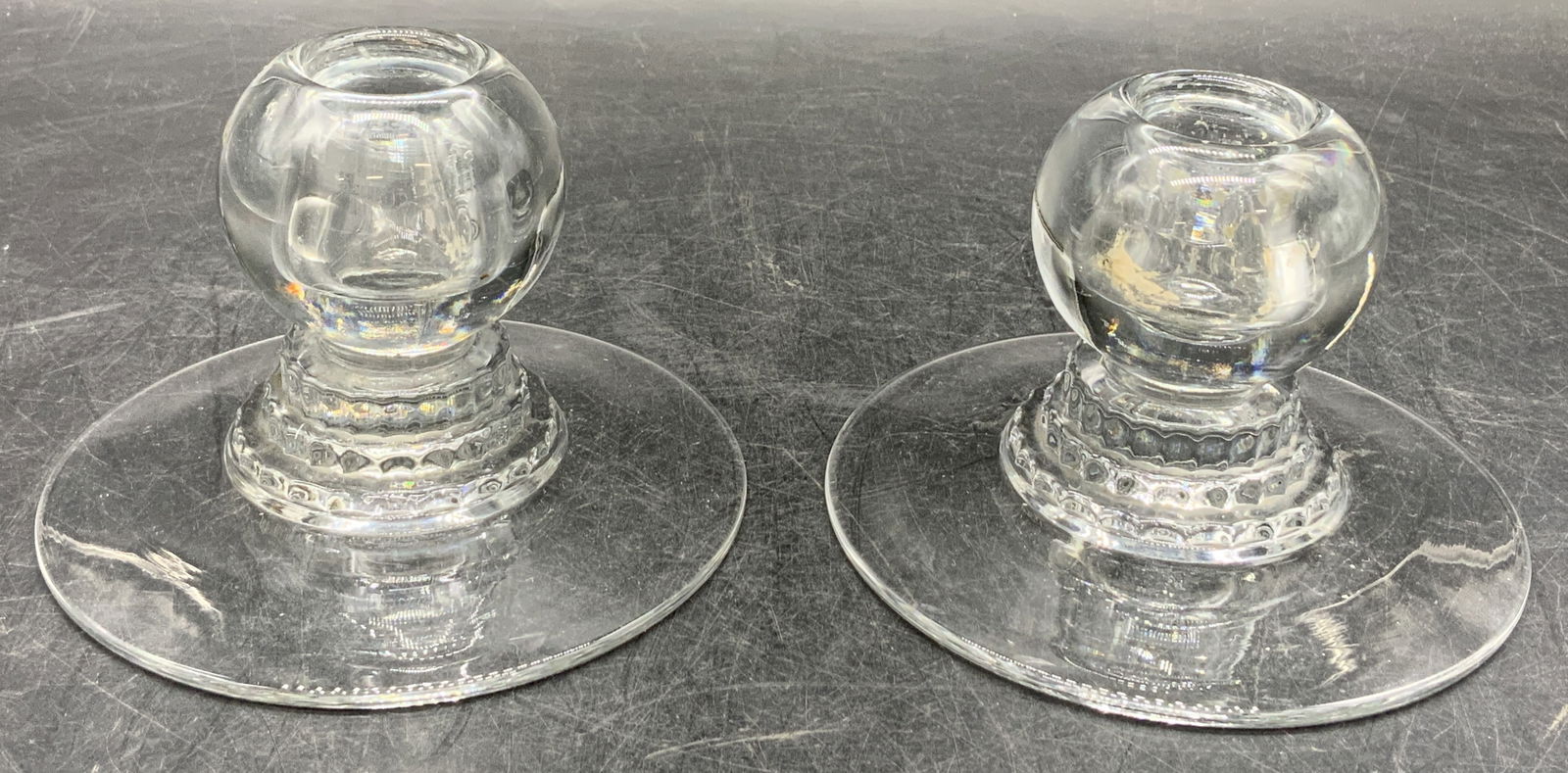 Vntg Pair Pressed Glass Spherical Candle Holders (1 of 6)