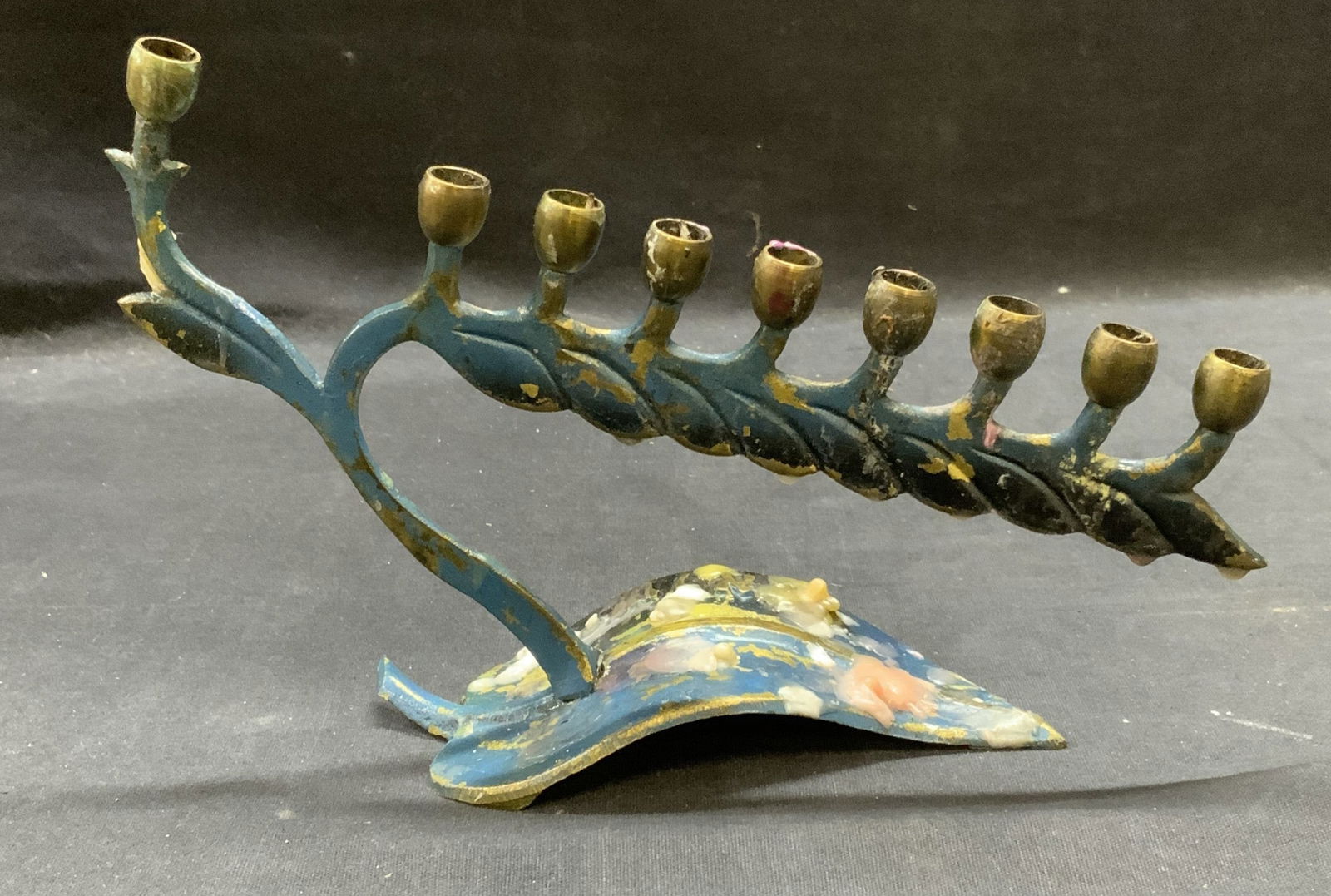 Vintage Enameled Brass Leaf Menorah, Israel (1 of 6)