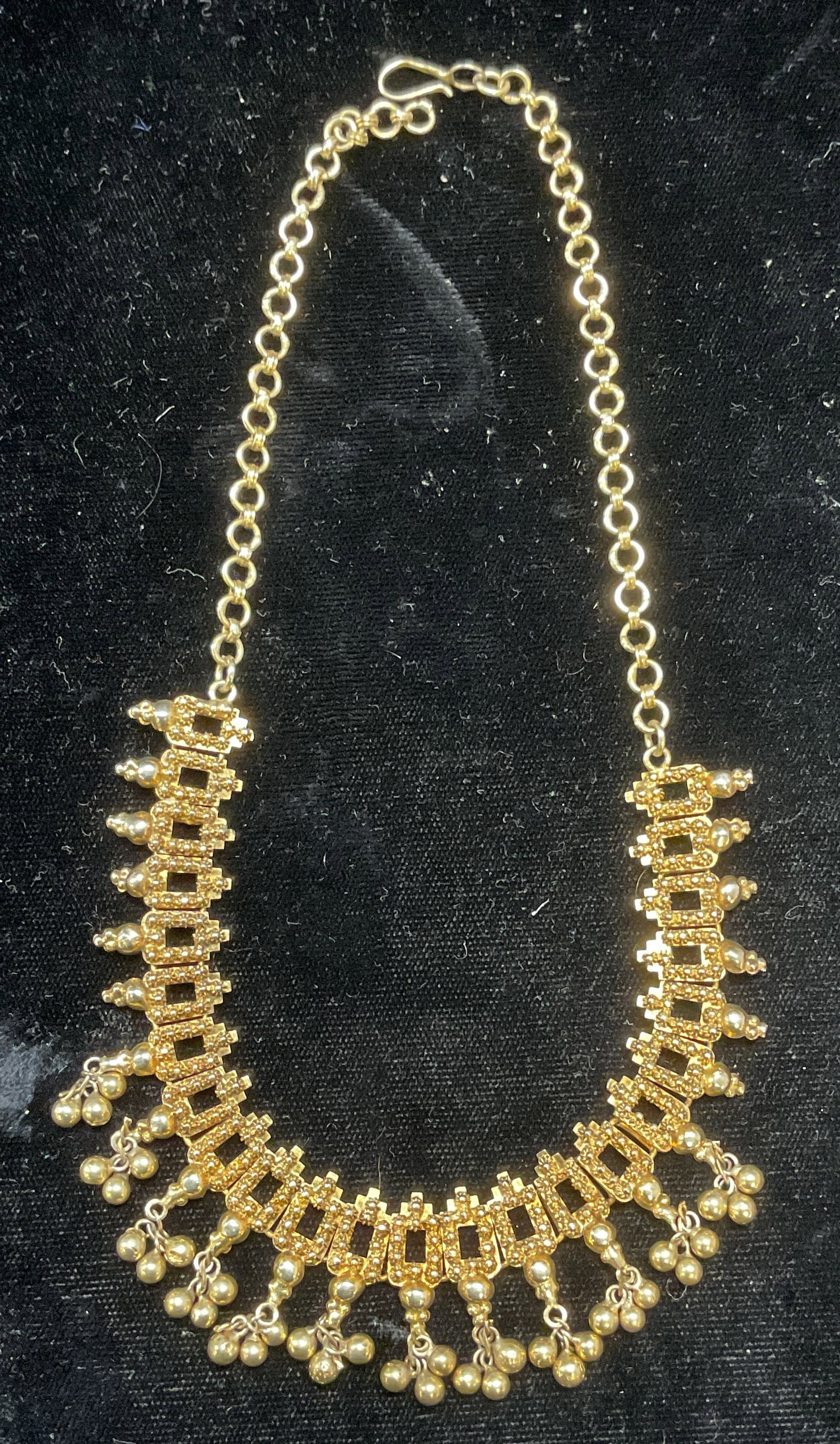 Vintage Gold Pl Sterling Silver Necklace: Vintage gold plated sterling silver necklace. Decorative panels with beaded accents. Drop length approx 6 inches. Tests for silver using acid test. Total weight 24.5 grams. Some wear including scratch