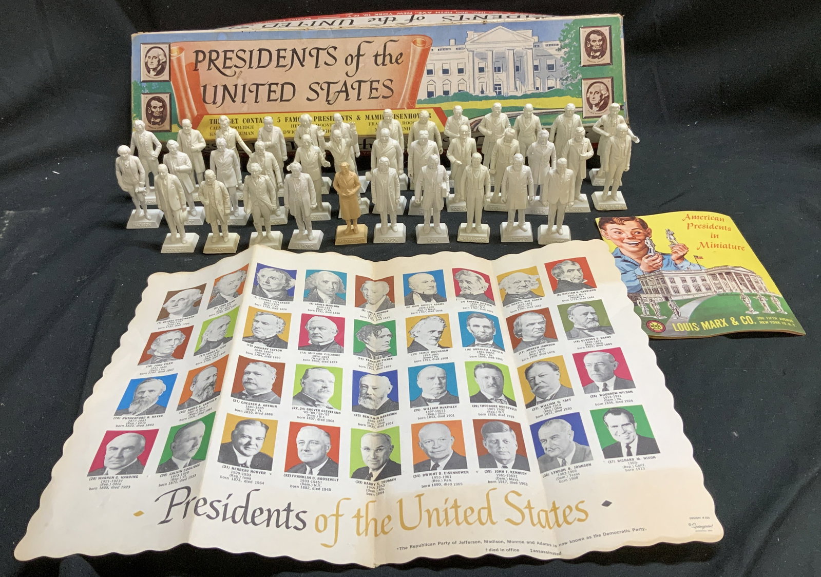 C.1950s LOUIX MARX 36 Presidents of the US Figures: C.1950s LOUIX MARX 36 Presidents of the US Figures Lot includes original box of Presidents of the United States. Manufactured by Marx & Co. WORLDS LARGEST MANUFACTURERS OF TOYS (Circa 1950s). Box read