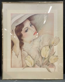 Framed C. F. Woman & Flowers Lithograph 28in