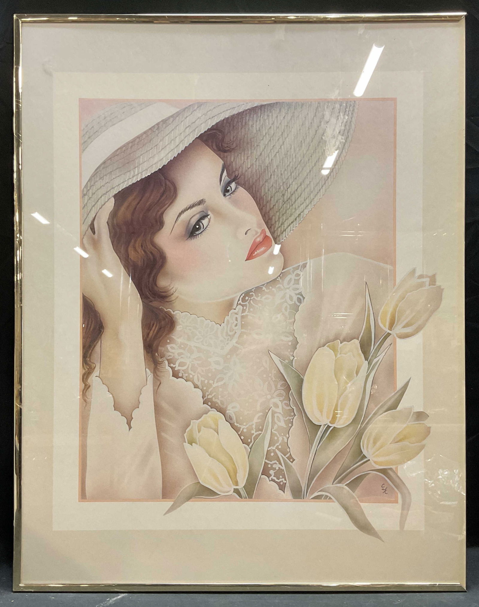 Framed C. F. Woman & Flowers Lithograph 28in: Framed lithograph on paper. Signature in print, C. F. Woman wearing hat with flowers. Gold tone frame. Not examined out of frame. Frame measures approx 28 x 22 inches. Frame needs replacement. Art, fi