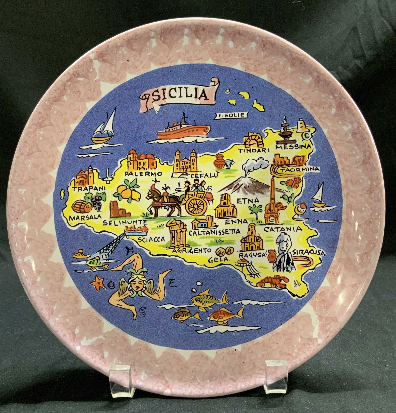 Vntg PISAPIA Design & Creations Sicilia Map ITALY: Plate is ceramic material. Depicts the island of Sicily with various cities and landmarks, including Palermo, Mount Etna, and more. The plate also features an illustration of Trinacria. Signed & marke