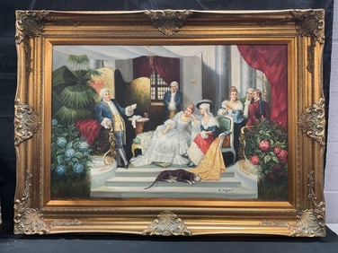 Sgnd Rococo Style Figure Scene Oil Painting 45.5in