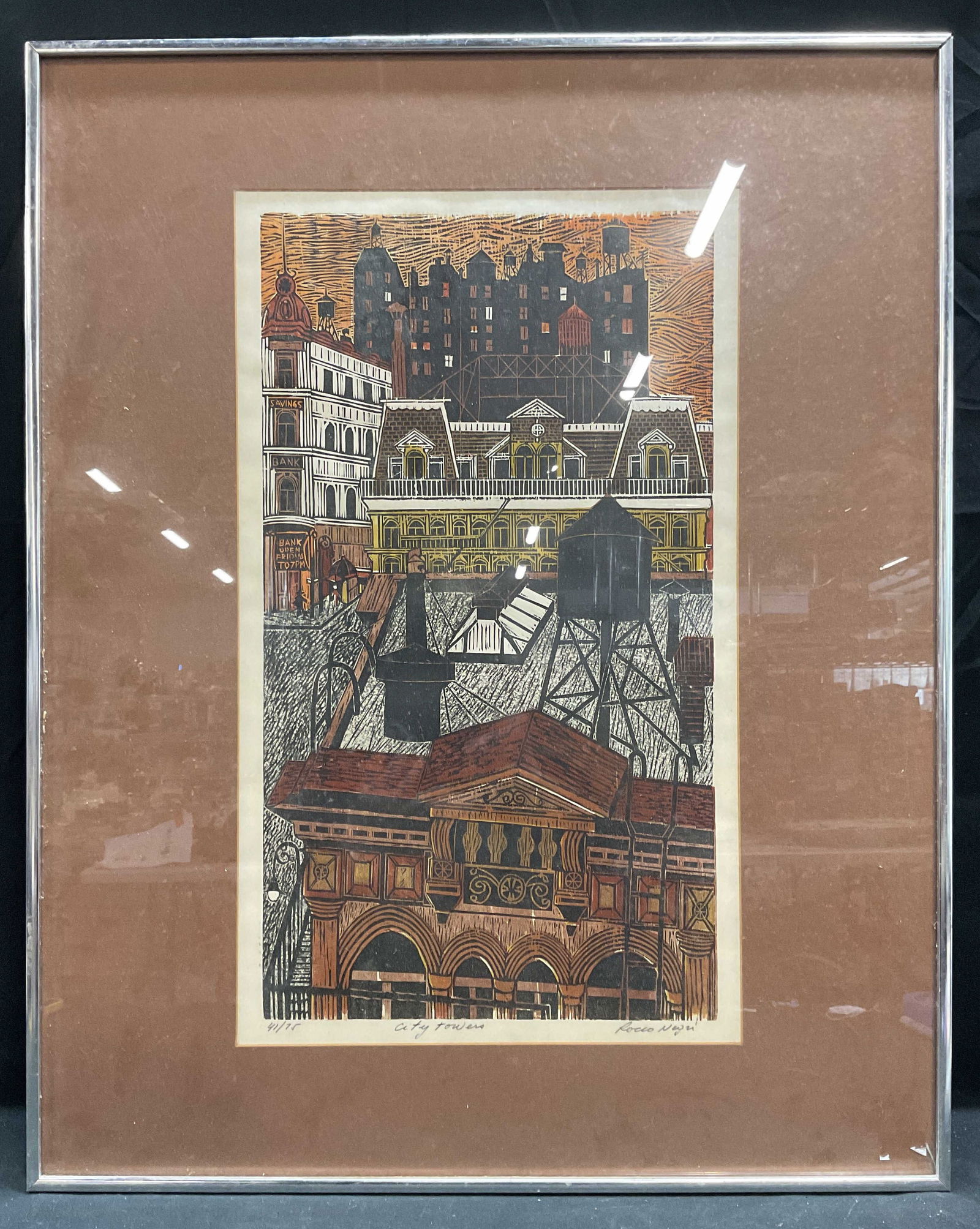 Signed Rocco Negri City Towers Woodcut Print (1 of 6)