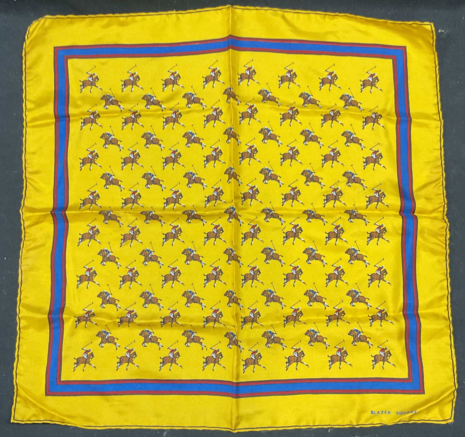 Blazer Square Silk Jockey Equestrian Scarf, Italy: Vintage Blazer Square silk scarf in yellow and blue with Jockey equestrian print. Made in Italy. Measures approx 18.5 x 18.5 inches. Some wear consistent with exposure. Blazer square scarf, designer s