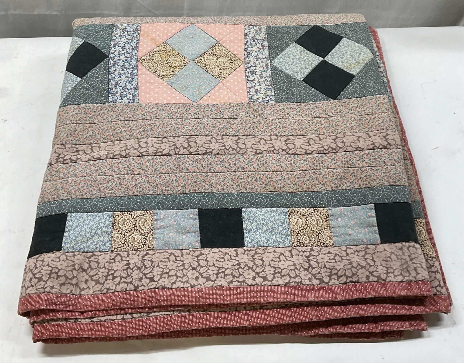 Vintage Handmade Pink Blue Patchwork Quilt (1 of 6)