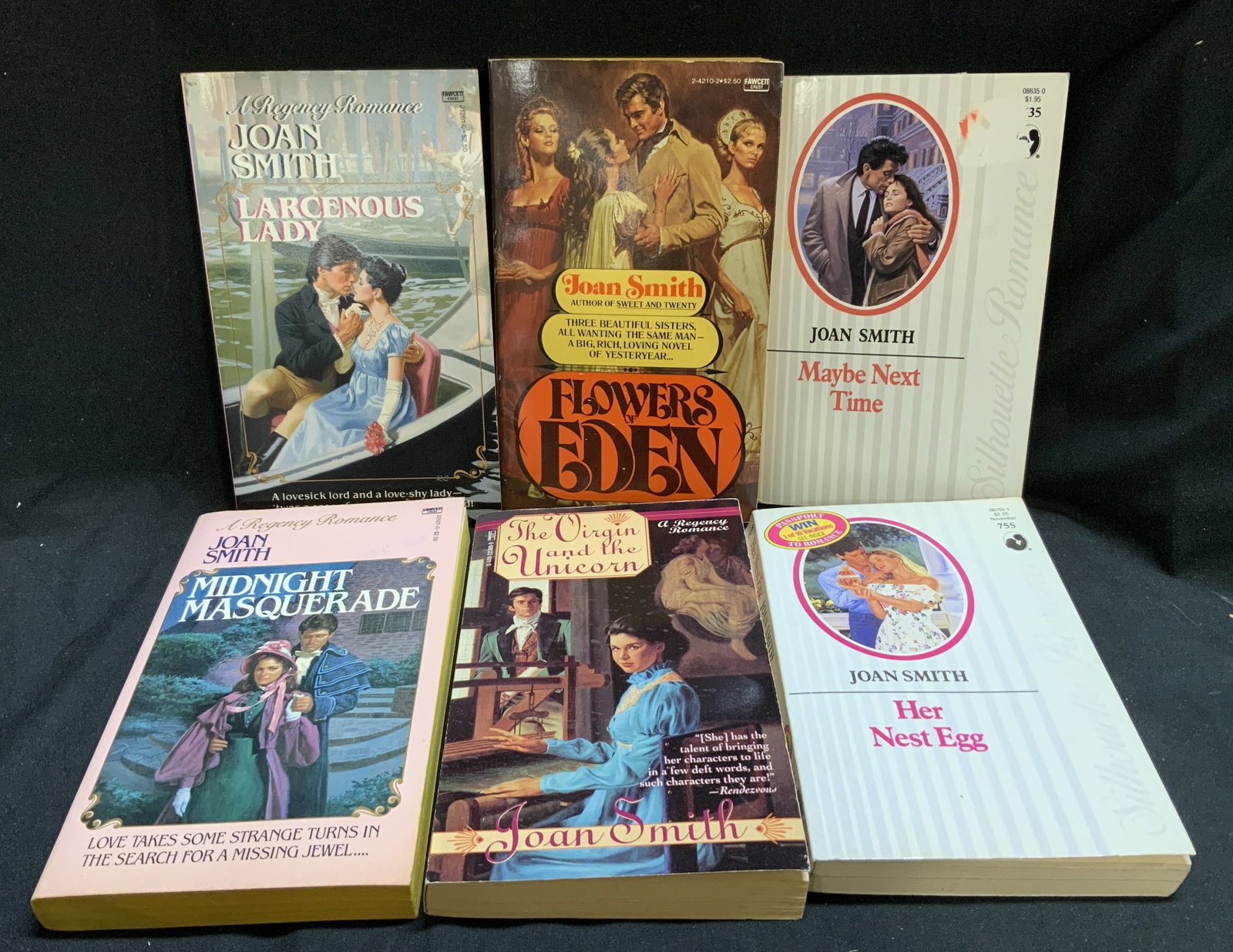 Lot 6 Romance Books 1970-1990s 1st Ed Bks. SMITH+: Lot includes, Larcenous Lady (1988 FIRST EDITION), Midnight Masquerade (1985 FIRST EDITION), The Virgin & The Unicorn (1995 FIRST EDITION), Flowers of Eden (First Fawcett Crest Printing 1979), Maybe N