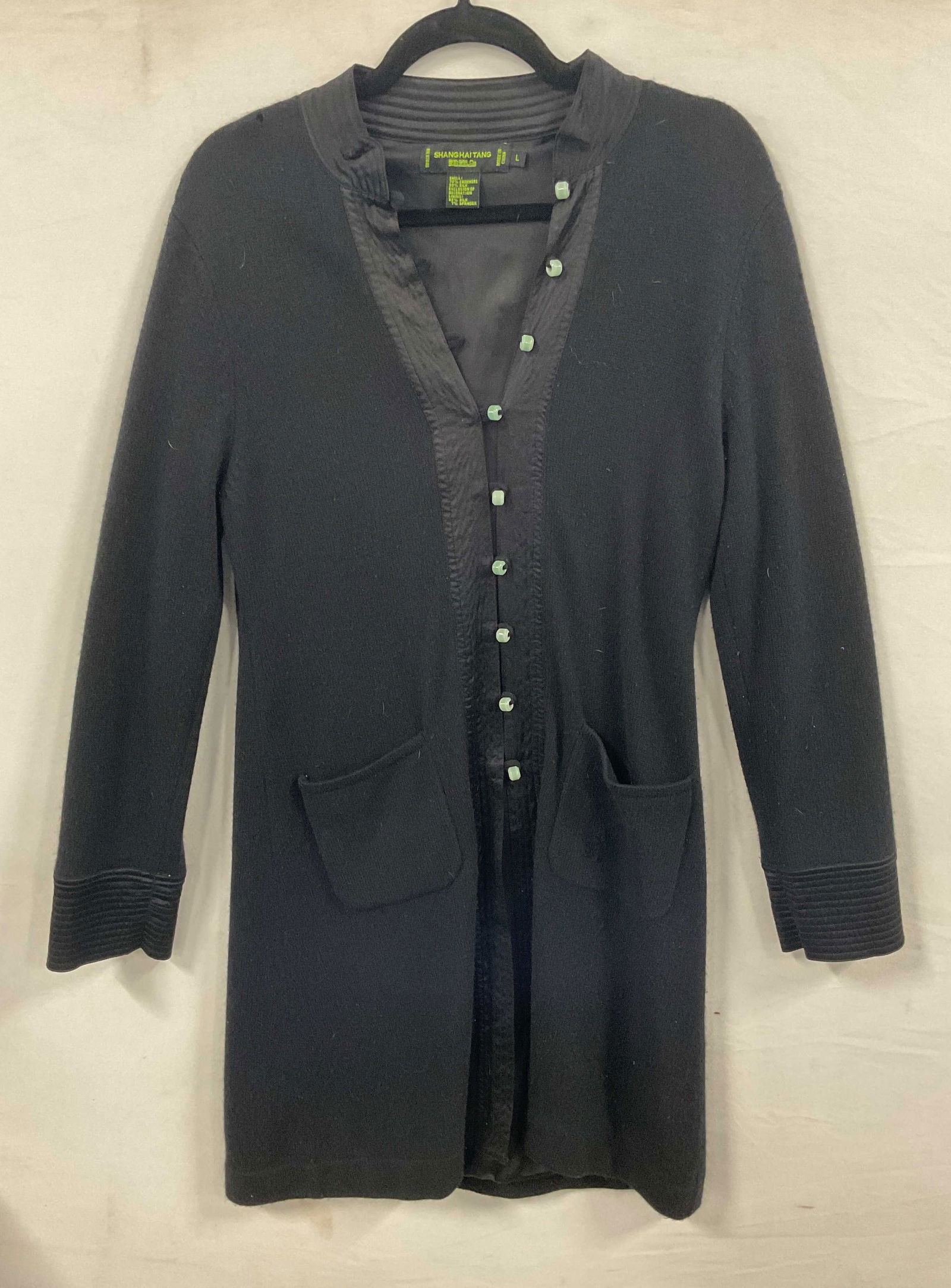 Shanghai Tang Black Cashmere Silk Jade Cardigan: Shanghai Tang black silk and cashmere blend long cardigan sweater with jade bead buttons. Size large. Silk blend lining. Some holes and pulling. Shanghai tang sweater, designer sweater, cashmere sweat