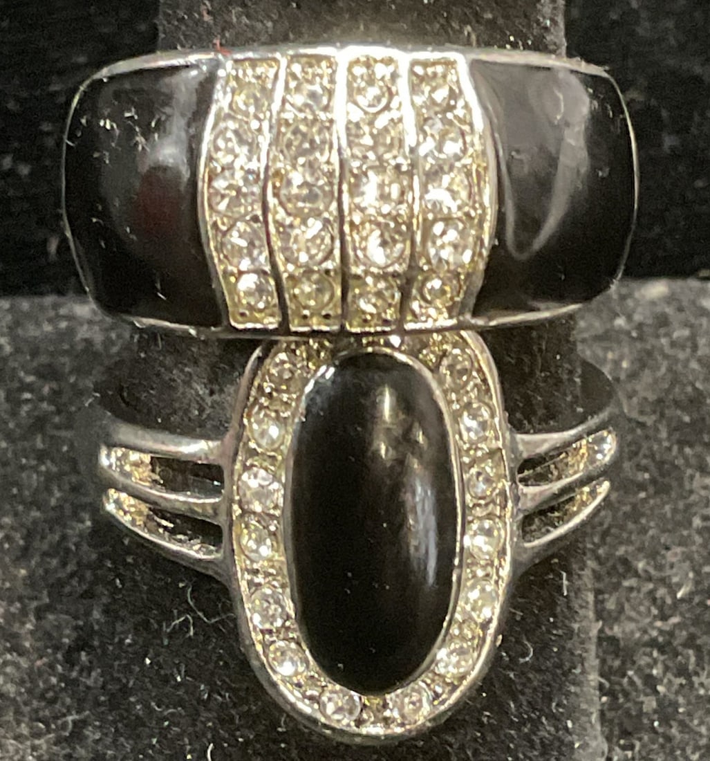 Lot 2 Silver Tone Crystal Black Enamel Rings: Lot of 2 silver tone rings with black enamel and colorless crystal. Both rings size 9. Some scratching. Jewelry, estate jewelry, costume jewelry, cocktail jewelry, fashion jewelry, accessories, fashio