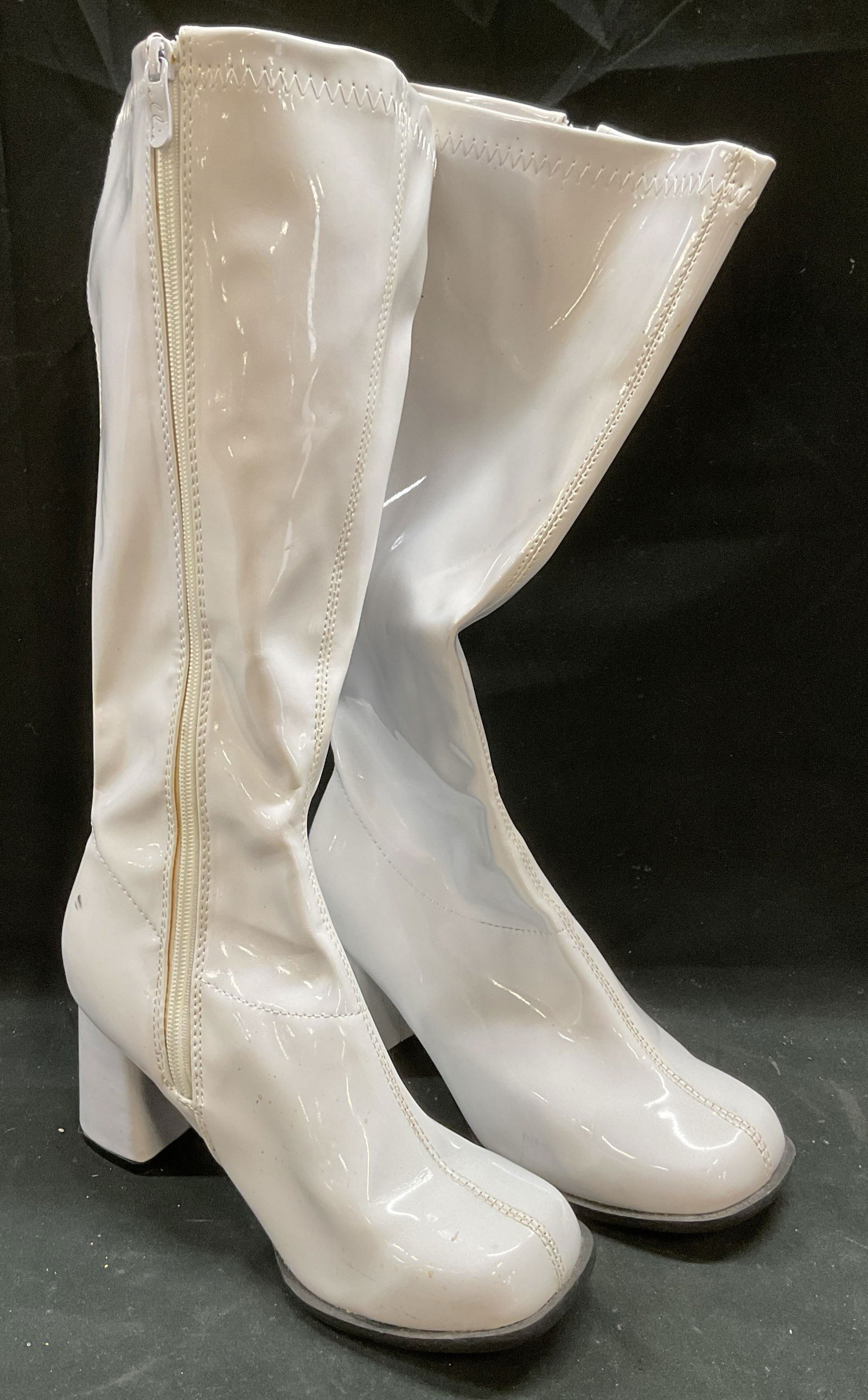 Ellie White Vinyl High Heel Tall Boots: Ellie white vinyl high heel calf length boots. Size 8. Synthetic material. Some scratching and scuffing. Ellie boots, high heel boots, vinyl boots, white boots, tall boots, wearables, designer boots,