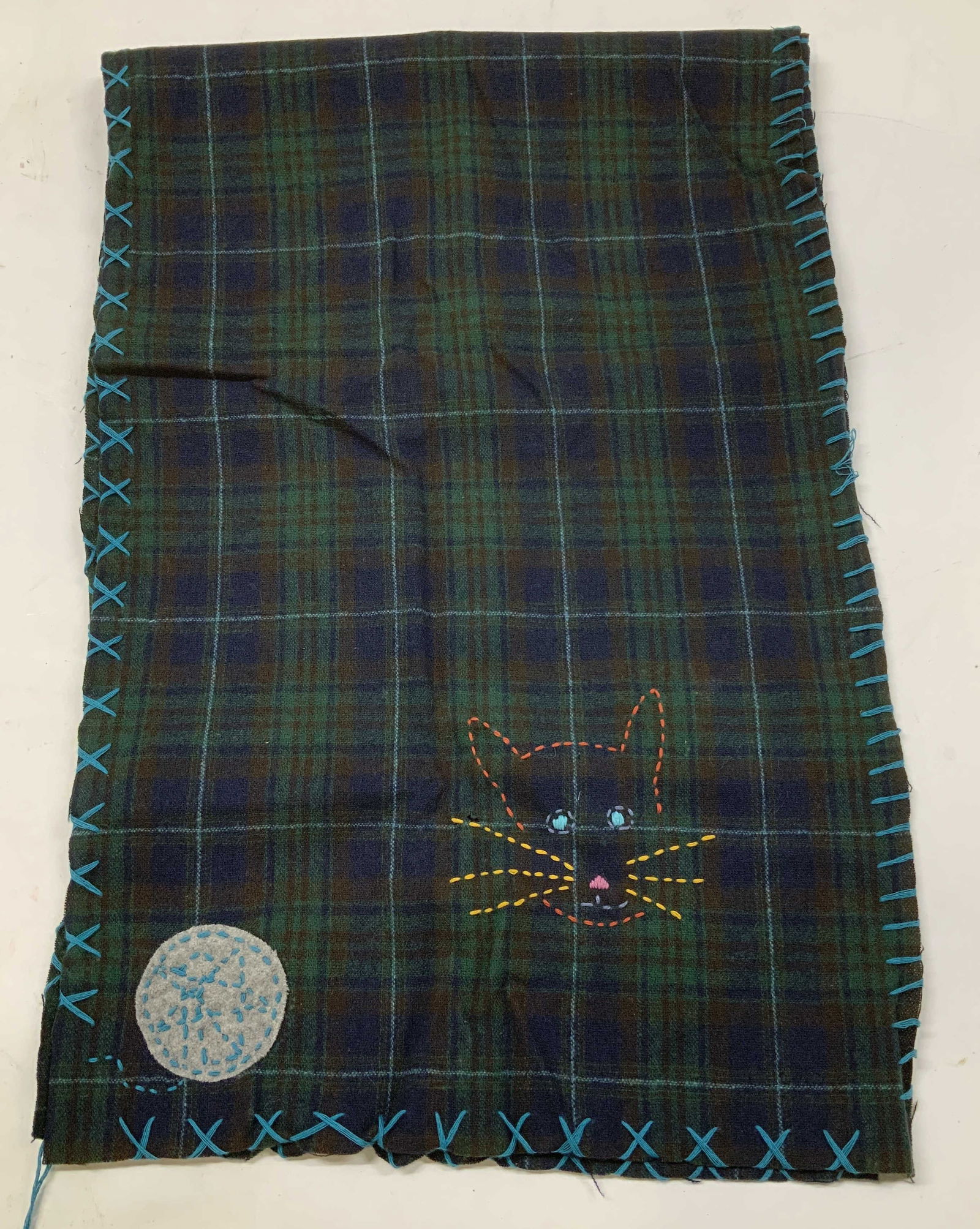 GAP Tartan Plaid Scarf W Hand Embroidered Cat (1 of 6)