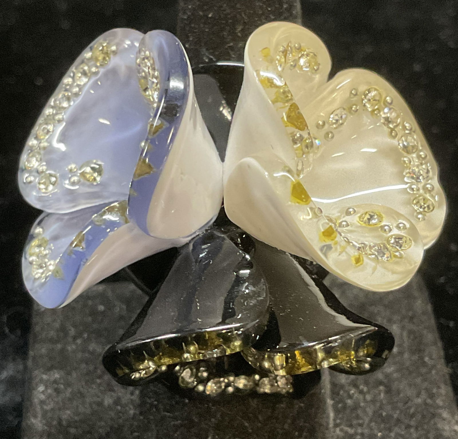 Black & White Lucite Flower Crystal Ring: Black and white lucite flower cocktail ring with crystal decoration. Ring size 6.5. Some scratching. Jewelry, estate jewelry, costume jewelry, cocktail jewelry, fashion jewelry, accessories, fashion a