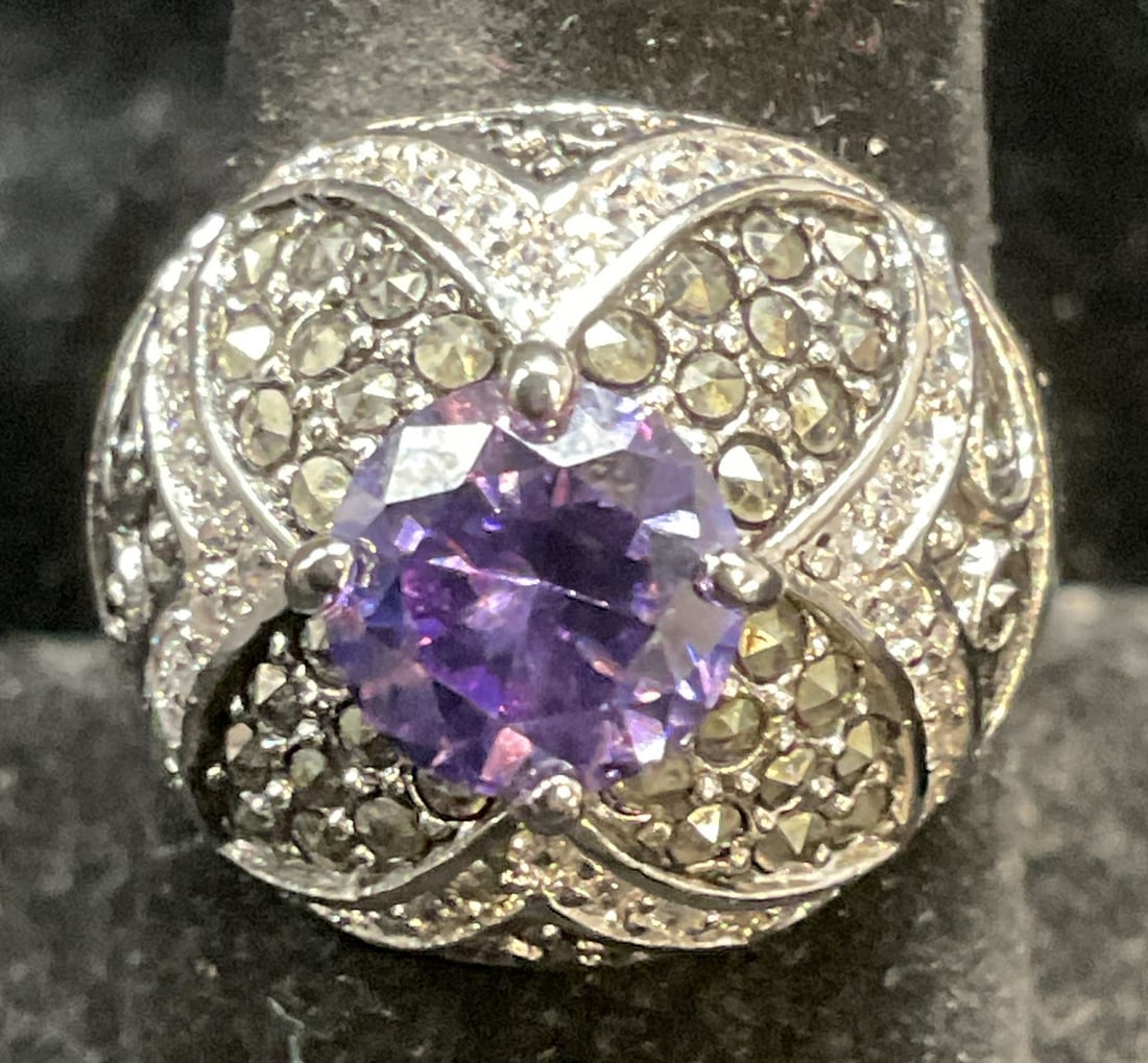 Silver Plated Amethyst Marcasite Cocktail Ring: Silver plate cocktail ring with amethyst and marcasite. Size 8. Some scratching. Jewelry, estate jewelry, costume jewelry, cocktail jewelry, fashion jewelry, accessories, fashion accessories, wearable