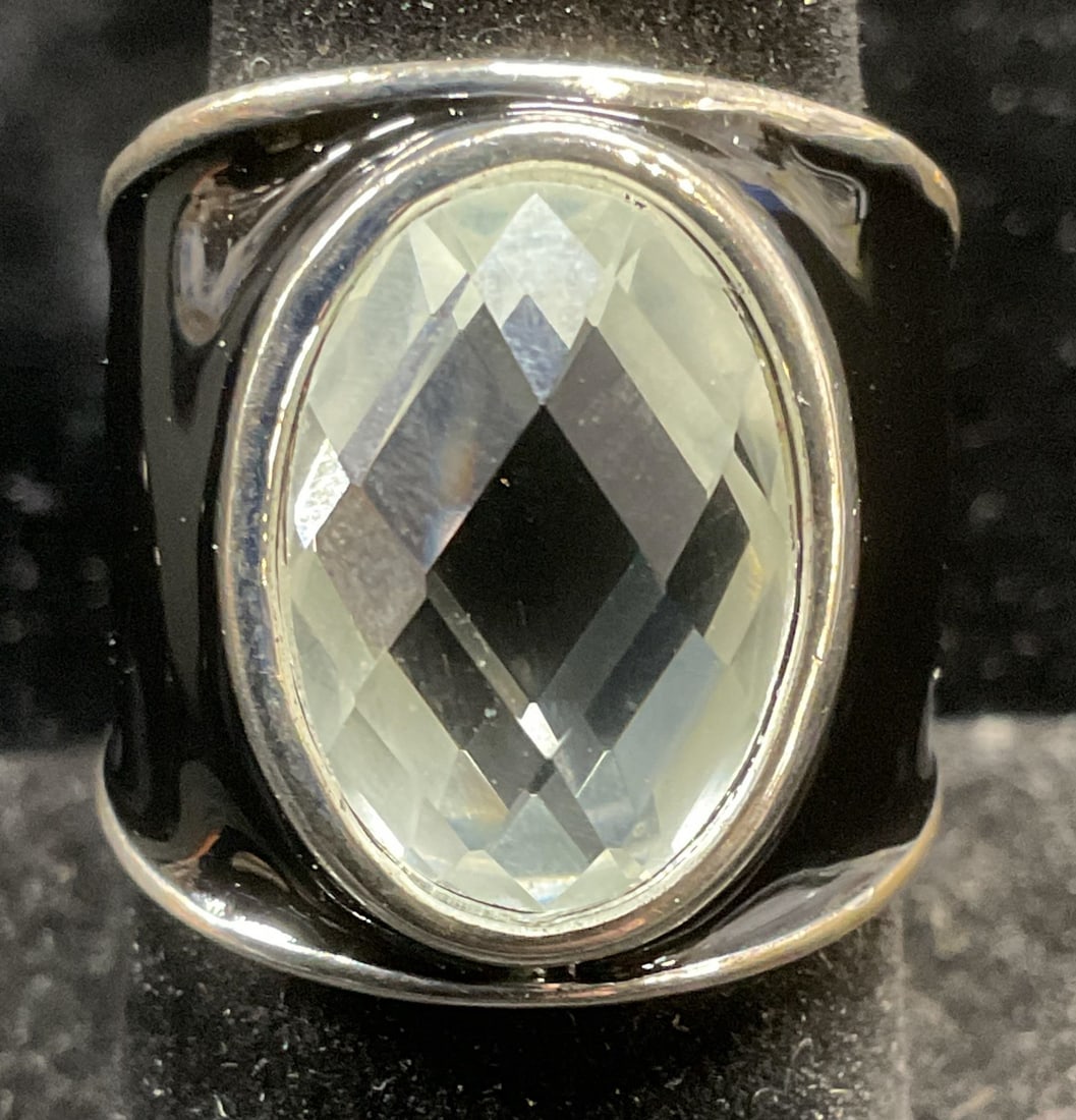 Silver Tone Black Enamel Crystal Ring (1 of 6)