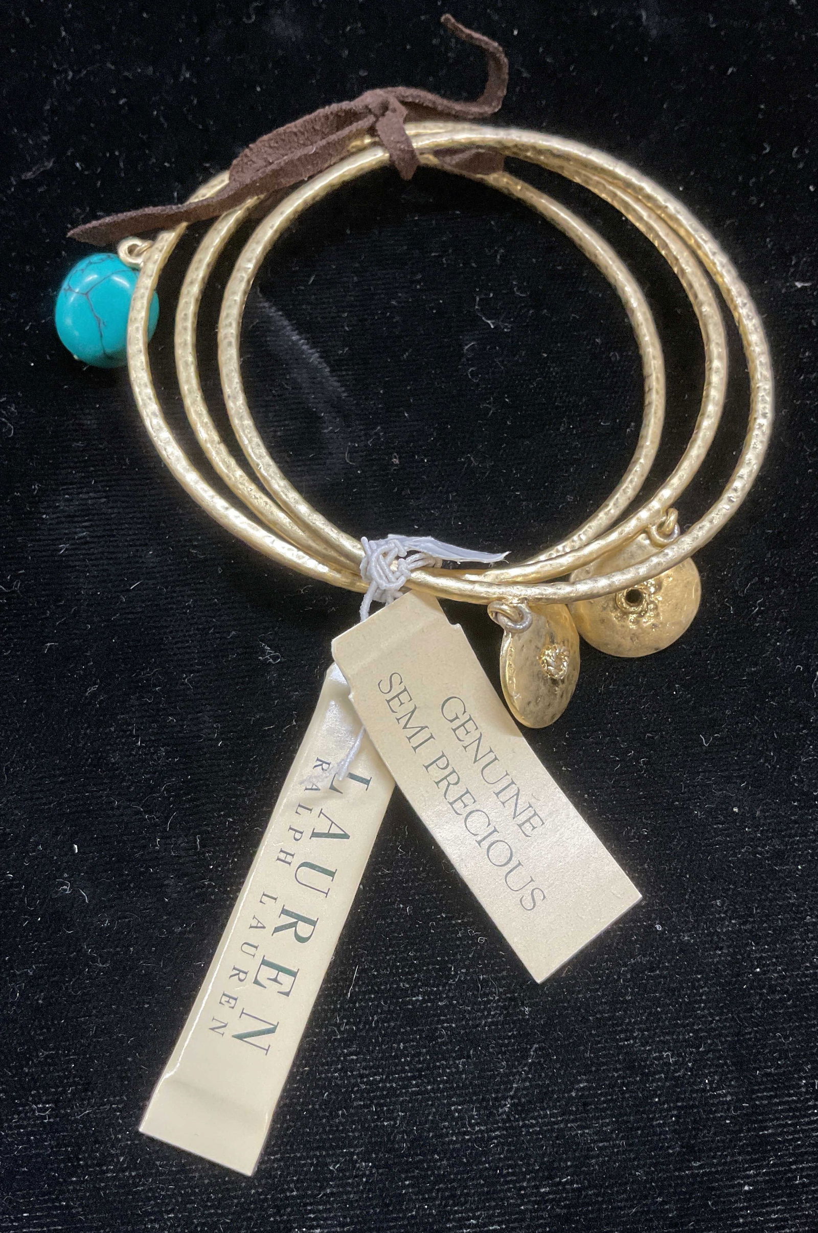 3 Ralph Lauren Gold Tone Turquoise Bangles NWT: Set of 3 Lauren Ralph Lauren gold tone bangles with pendants and turquoise stone. New with tag. Measure approx 2.5 inches wide. Some scratching. Jewelry, estate jewelry, costume jewelry, cocktail jewe