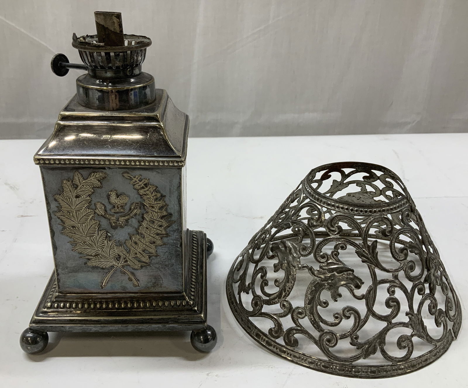Silver Plated Ornate Oil Lamp Base W Candle Shade (1 of 9)