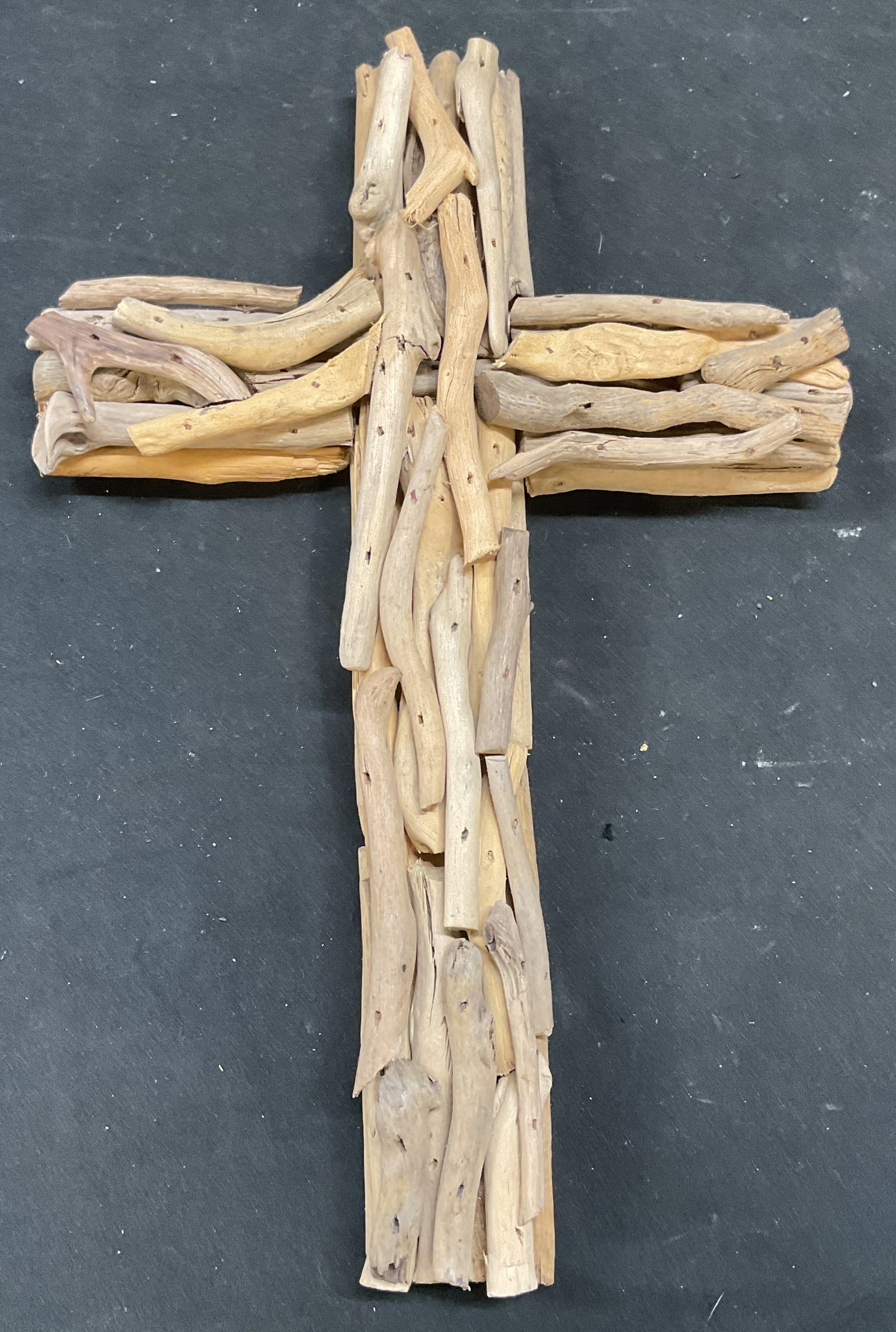 Handmade Driftwood Cross Wall Hanging: Handmade driftwood Croft wall hanging. Inscribed on underside. Measures approx 12 x 8 inches. Some wear consistent with exposure. Driftwood cross, cross, wood cross, home decor, home accessories, wall