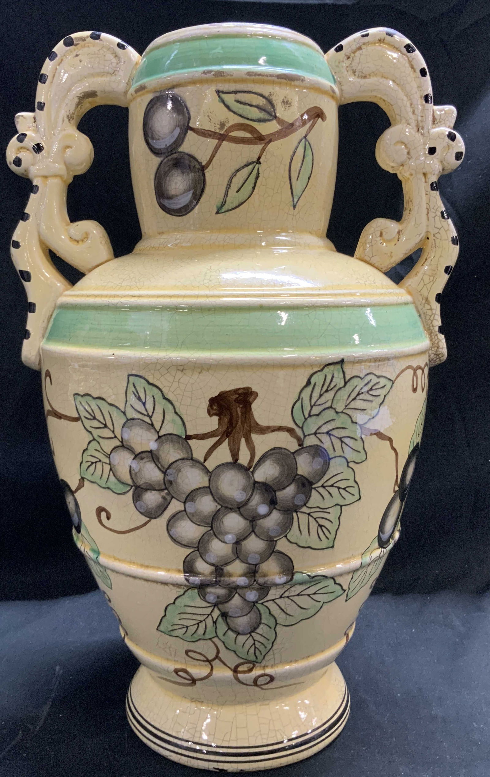 Vntg Yellow Amphora Ceramic Vase W Grape Motifs (1 of 7)