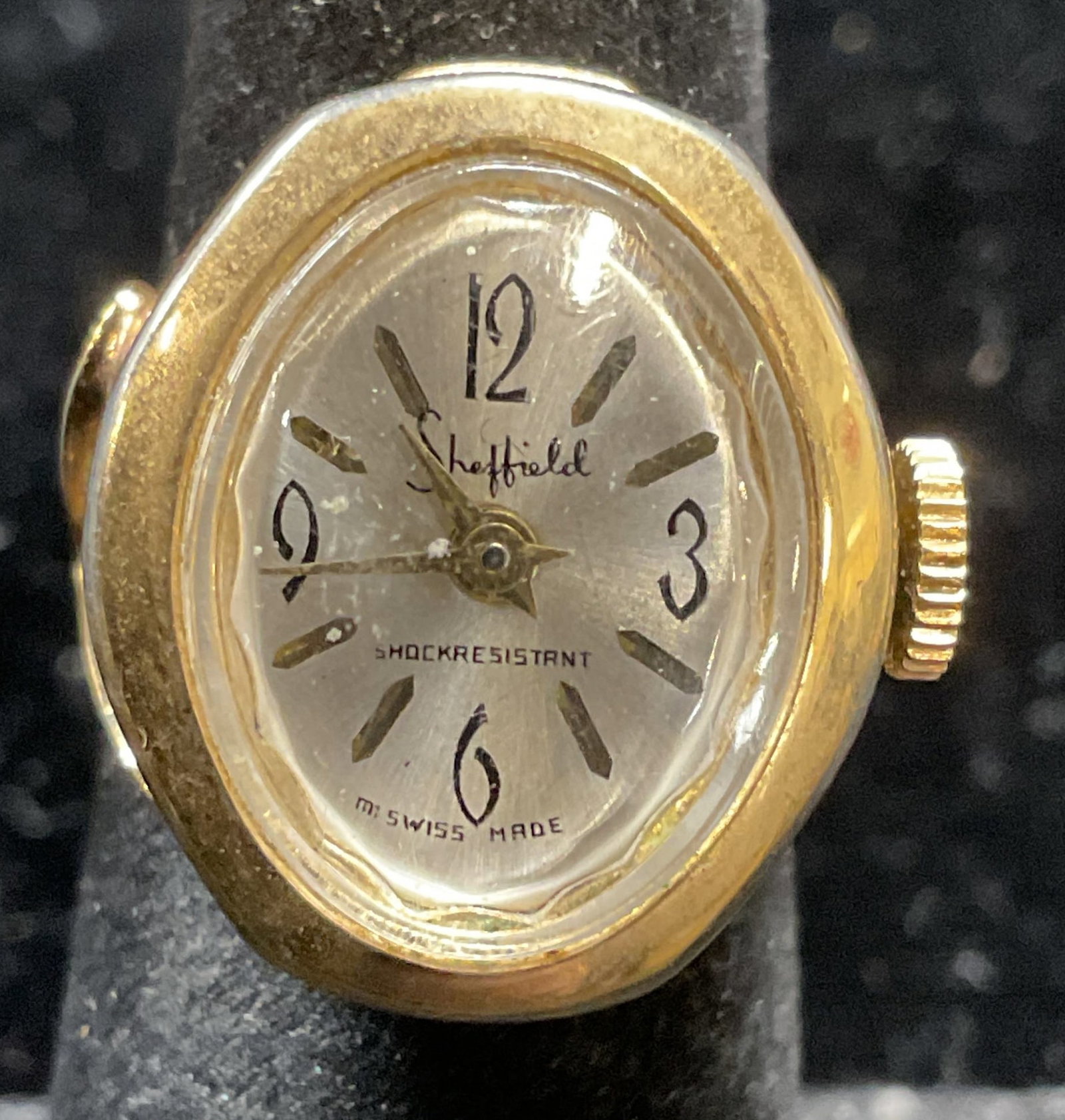 Vintage Sheffield Gold Tone Watch Ring: Vintage Sheffield gold tone watch ring. Signed. Swiss made. Ring size 4. Not tested. Some scratching. Jewelry, estate jewelry, costume jewelry, cocktail jewelry, fashion jewelry, accessories, fashion 