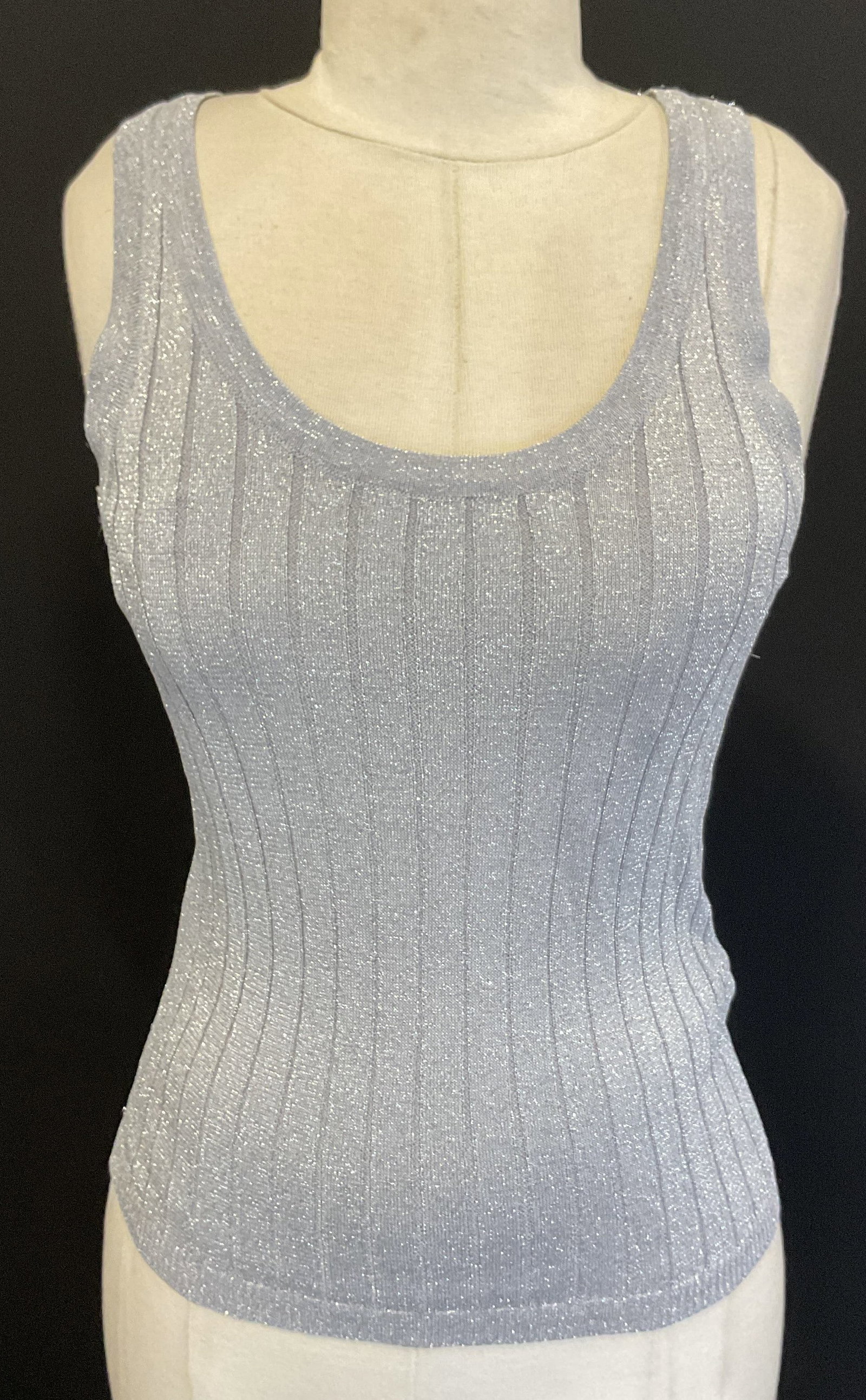 NWT Zara Sparkly Silver Ribbed Tank Top: New with tag. Zara sparkly silver ribbed tank top. Size small. Viscose blend. Some wear including pulling. Property of 1980s known Rockers Manhattan estate. Tank top silver sparkly Zara new womens fas