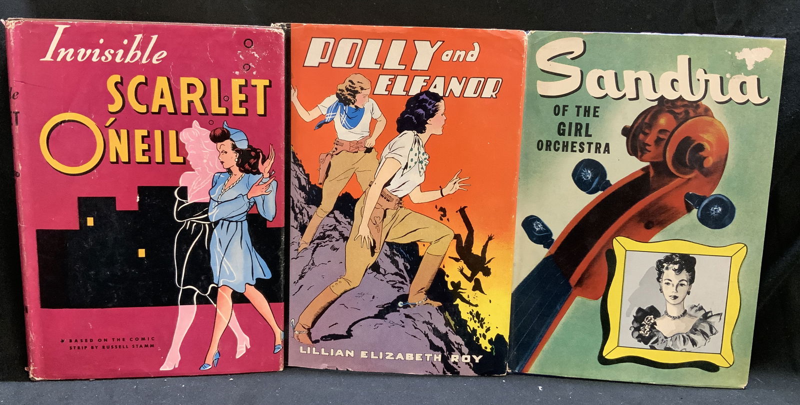 Lot 3 WHITMAN 1920-1940s Illustr Bks RADFORD+: Lot includes, Invisible Scarlet ONeil by Russell Stamm (Authorized Ed 1943), Sandra of the Girl Orchestra by Ruby Radford (1946), Polly & Eleanor by Lillian Roy (1922). Whitman Publishing Co. 2 books