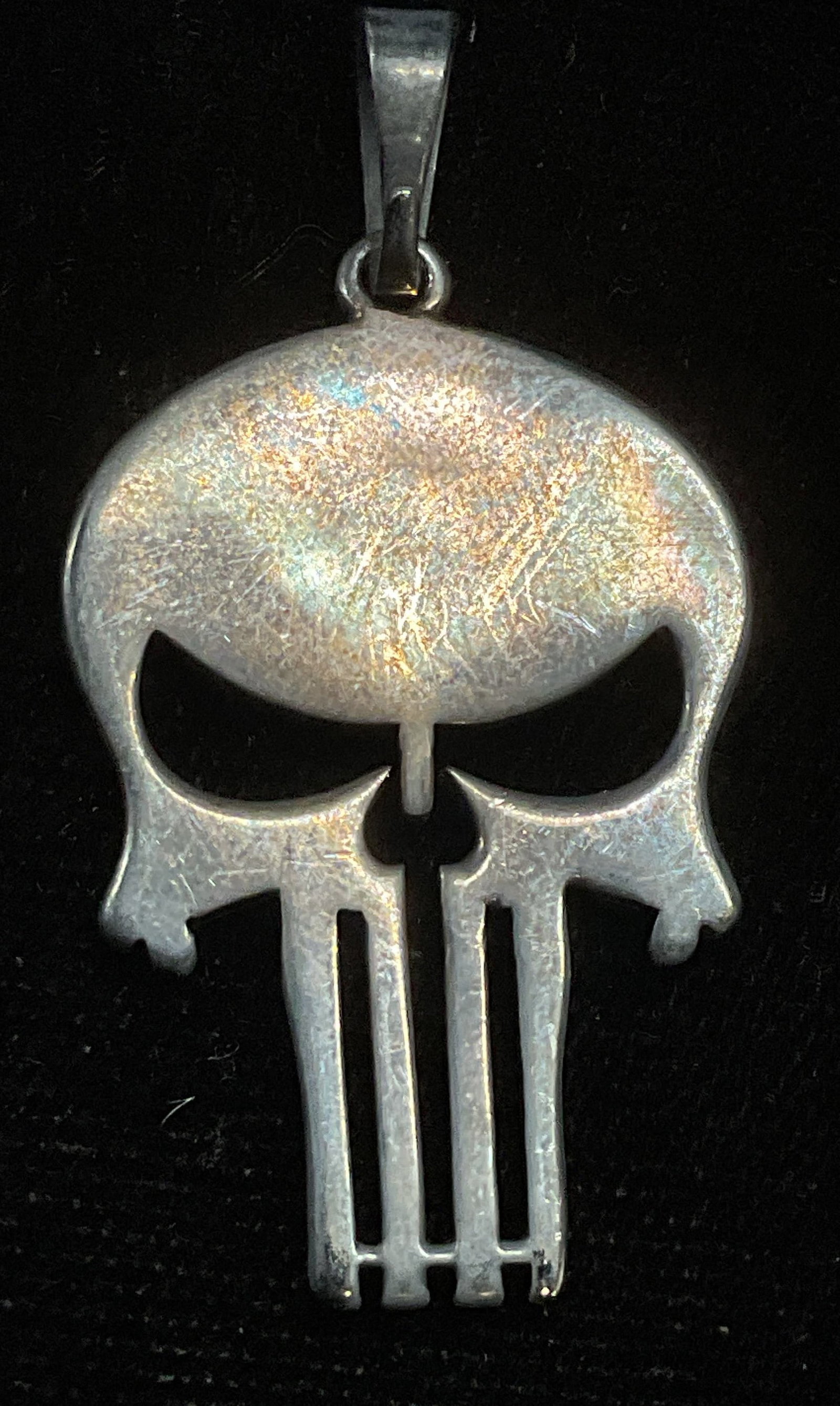 Silver Tone Punisher Skull Pendant: Silver tone Punisher style skull pendant. Measures approx 1.25 x .75 inches. Some scratching. Jewelry, estate jewelry, costume jewelry, cocktail jewelry, fashion jewelry, accessories, fashion accessor