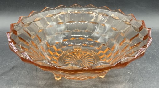 Vntg Pink Depression Glass Cubist Footed Bowl