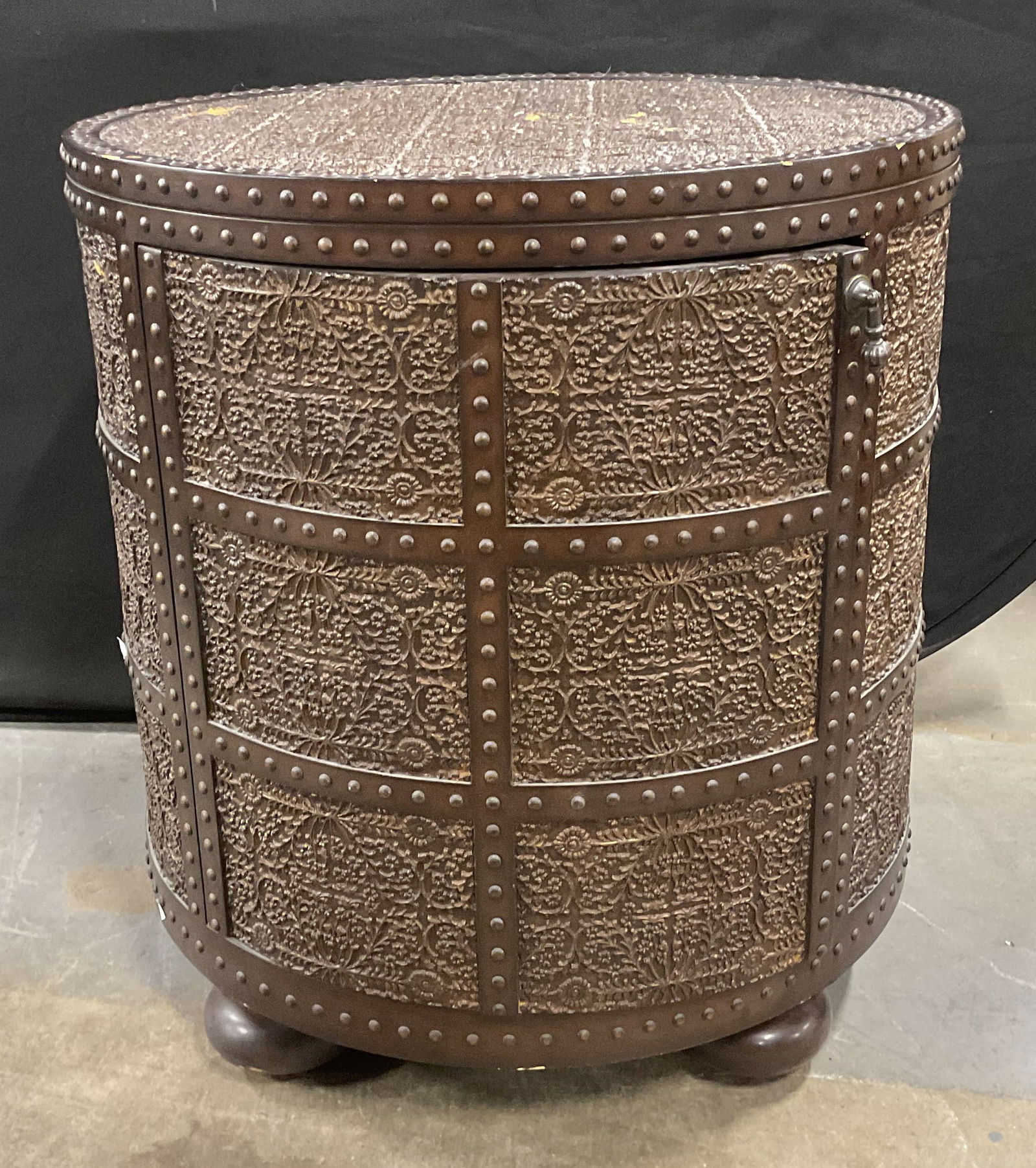 Vintage Round Wood Floral Storage Table (1 of 6)