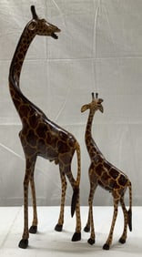 Pair Hand Carved Wooden Giraffe Figurines