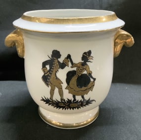 Vntg Porc Gilt Cache Pot W Dancing Couple Motif
