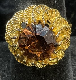 Vtg Gold Tone Amber Crystal Cocktail Ring