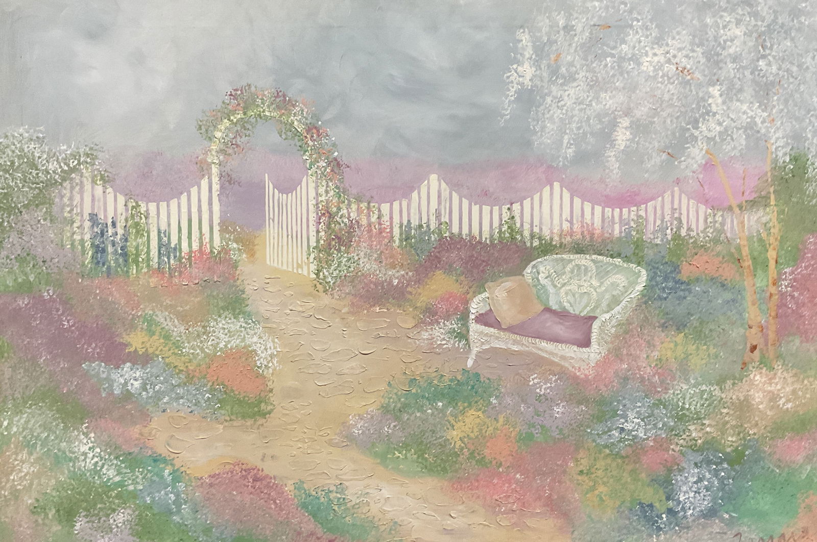Signed Pastel Garden Oil Painting 40 x 60 In: Oil on canvas painting. Signed lower right, illegible. Garden scene with gate, bench and flowers. Palette of pastel blue, pink, and green. Canvas measures approx 40 x 60 inches. Some scratching and ma