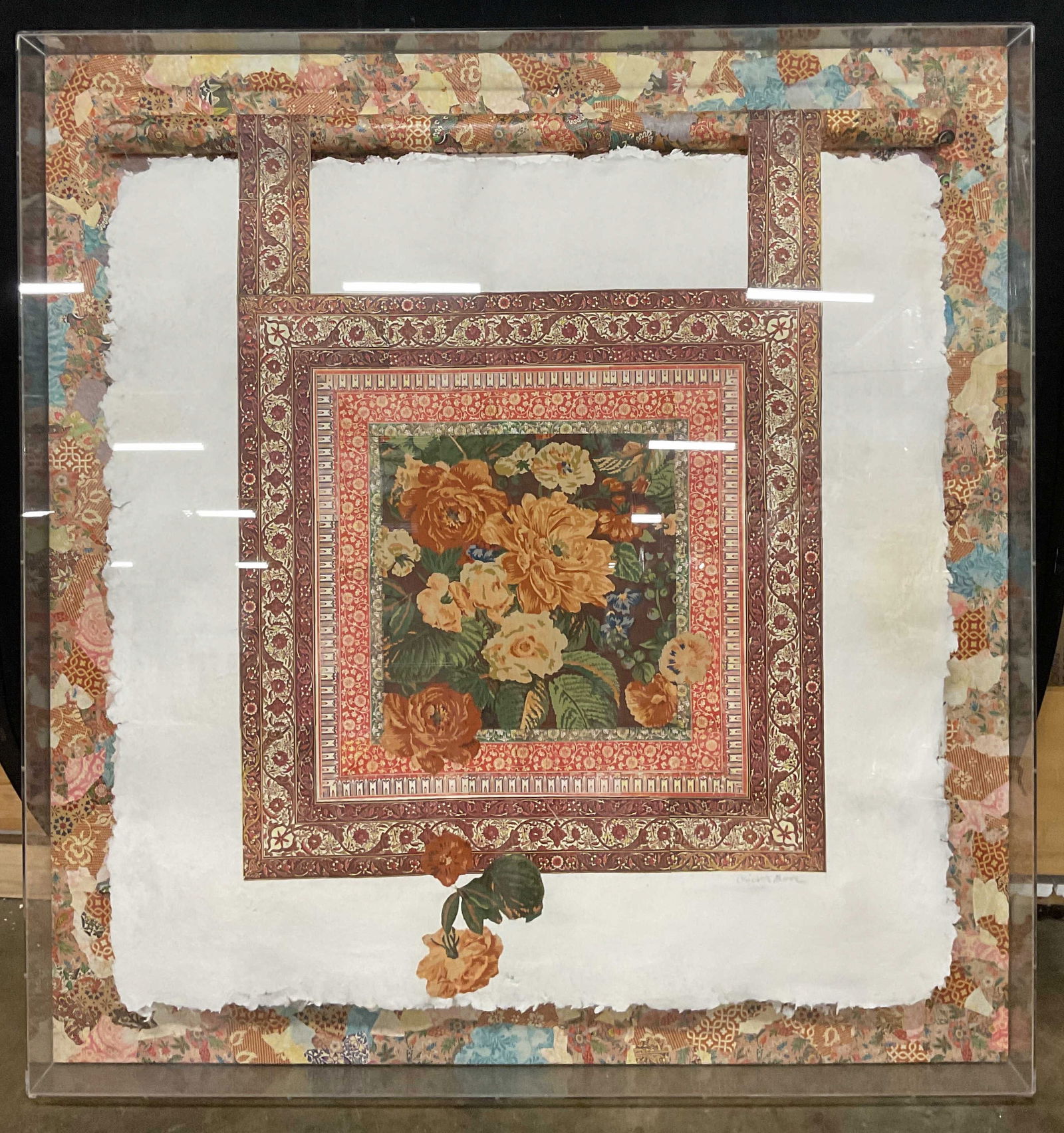 Frmd Signed Charlotte Decoupage Floral Collage 51i: Framed collage on paper. Signed lower right, partially legible, Charlotte B. Decoupage cut and pasted collage with floral designs in palette of red. Acrylic shadow box frame with wood panel backing. N