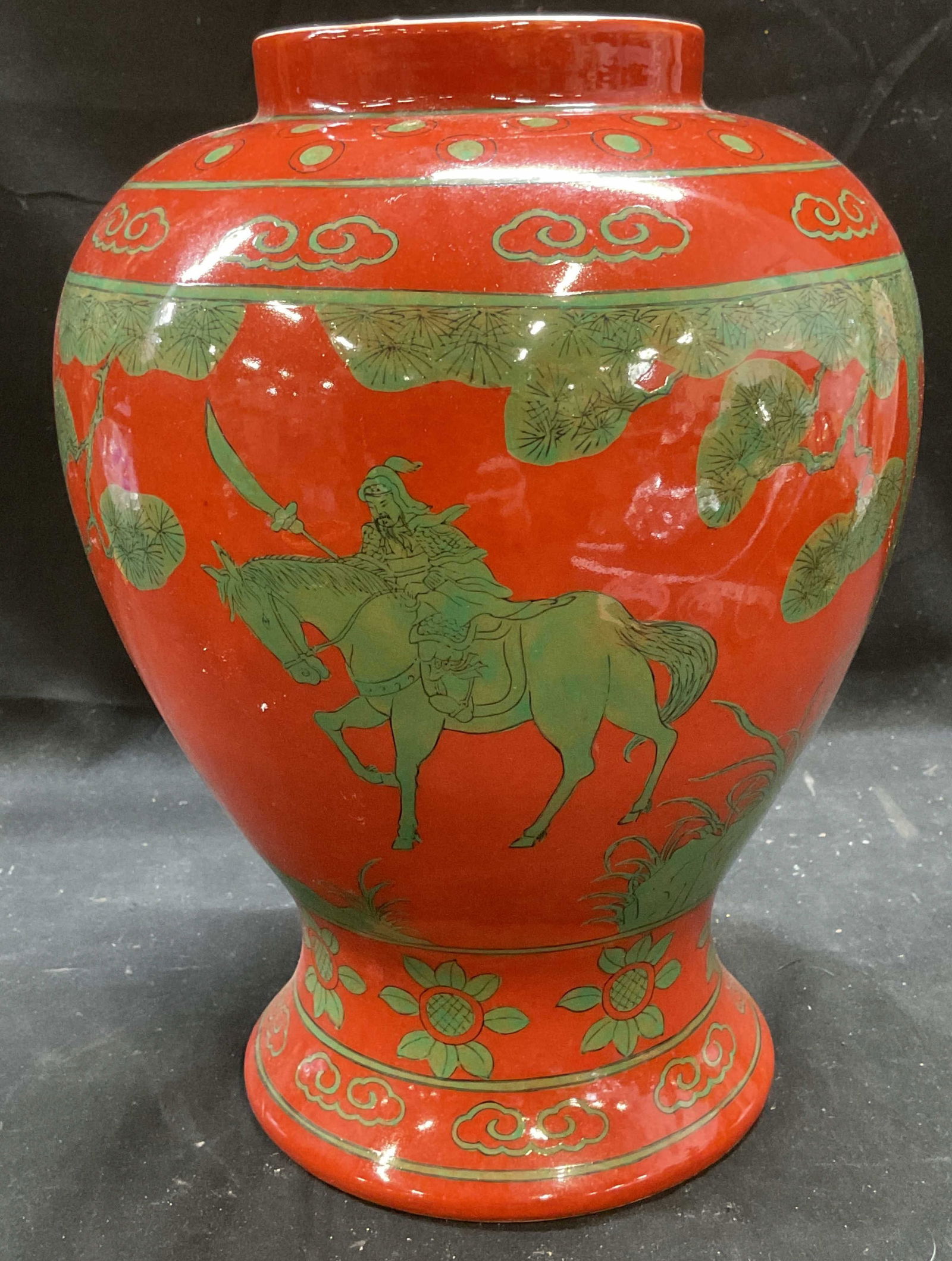 Vtg ACF Red & Green Warrior Motif Porcelain Vase: Vintage ACF Porcelain vase with curved shape and hand painted decoration. Asian warrior motif with decorative borders in red and green. Signed. Measures approx 8 x 10.5 inches. Some wear consistent wi